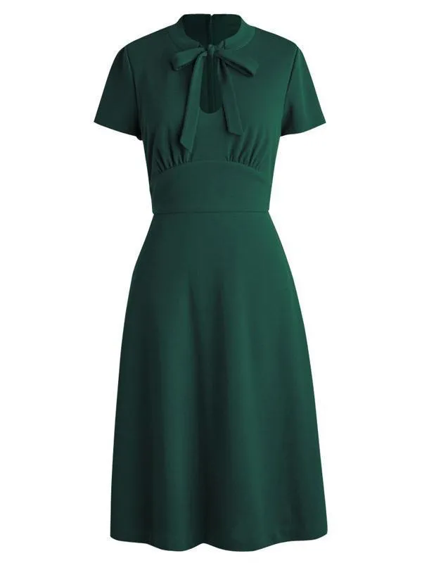 1940s Solid Front Pleated Bow Dress