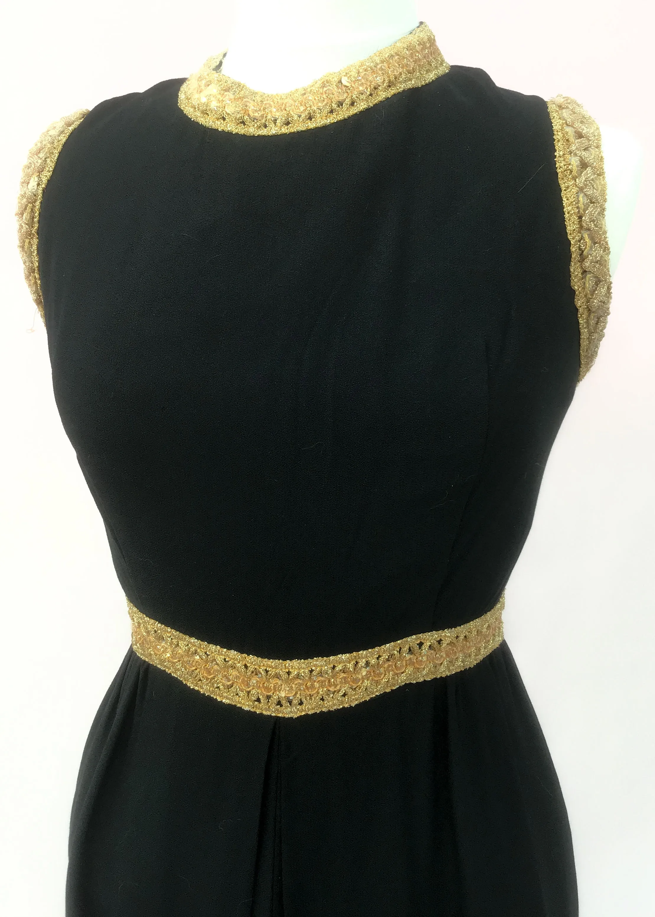 1960s Vintage Black & Gold Sleeveless Crepe Culottes Jump Suit • UK size 10 • Disco