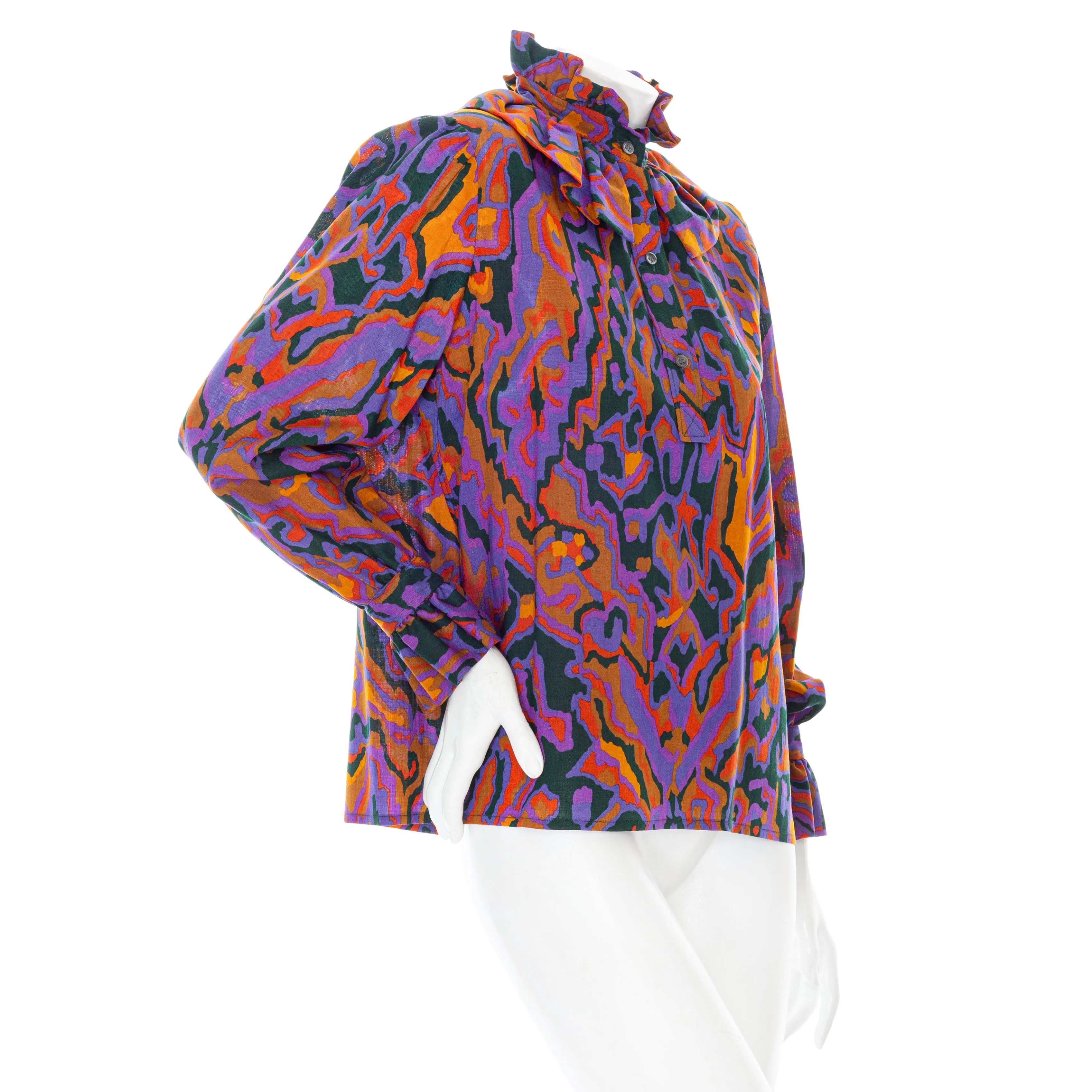 1970s Rive Gauche Purple Cotton Abstract Print Ruffled Collar Blouse