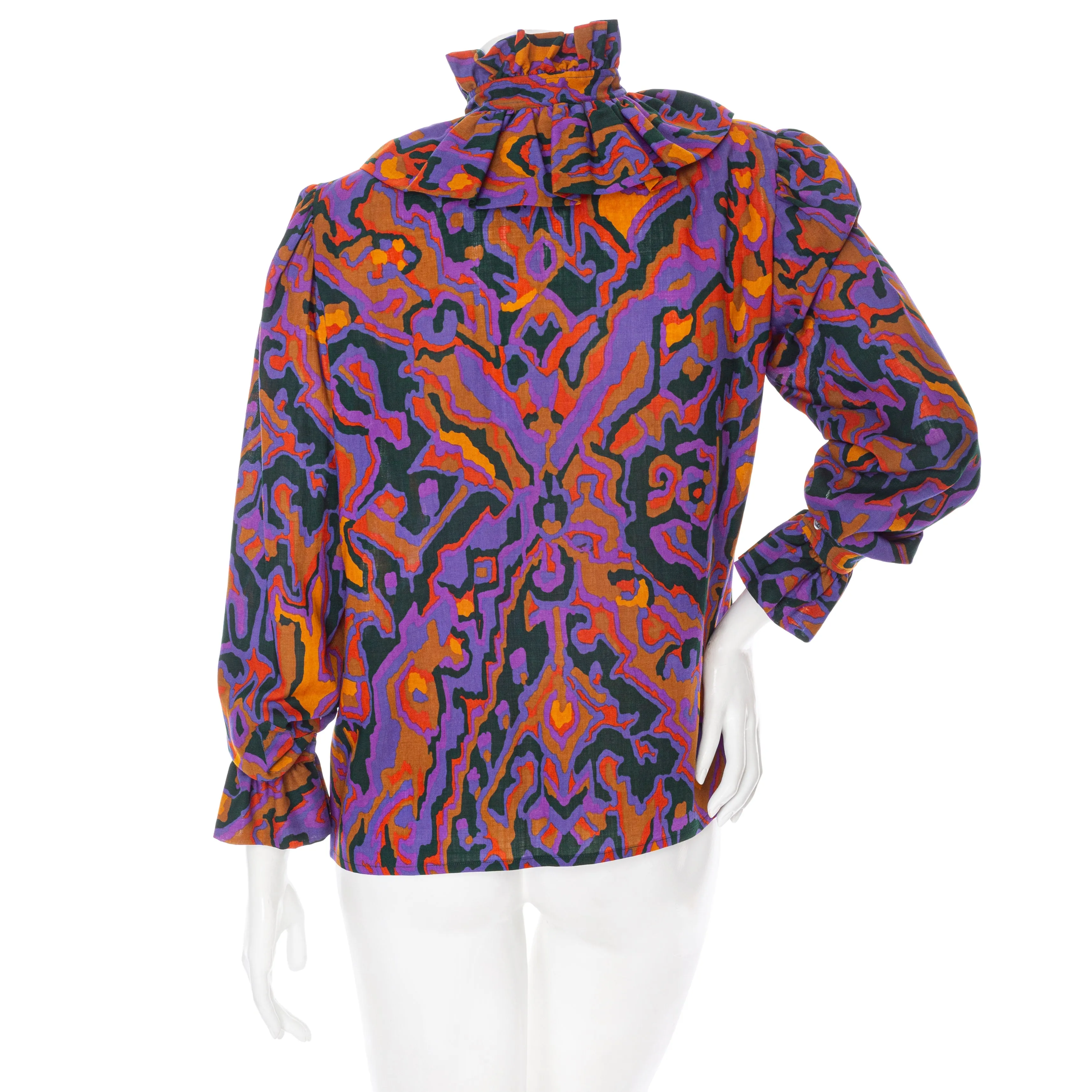 1970s Rive Gauche Purple Cotton Abstract Print Ruffled Collar Blouse