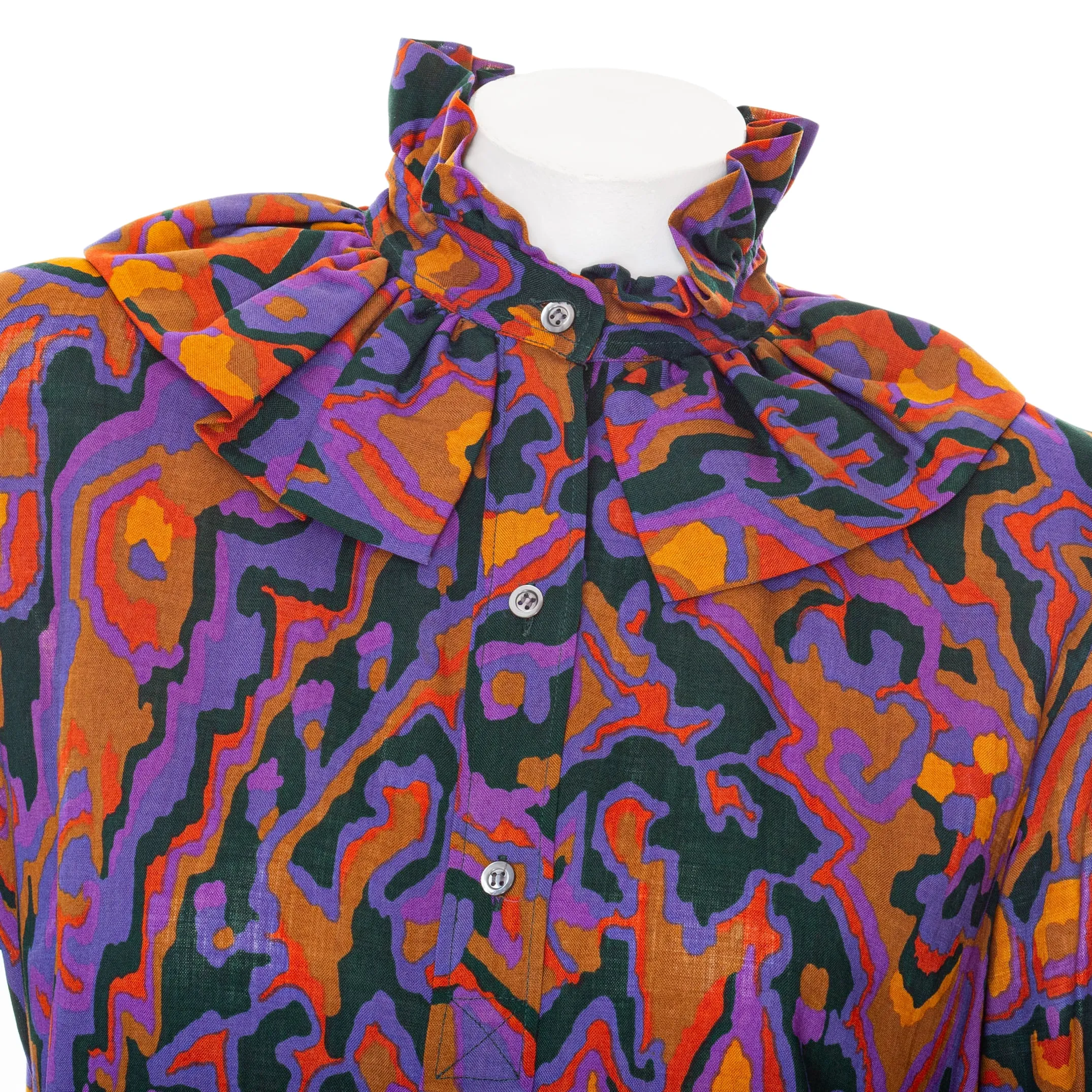 1970s Rive Gauche Purple Cotton Abstract Print Ruffled Collar Blouse