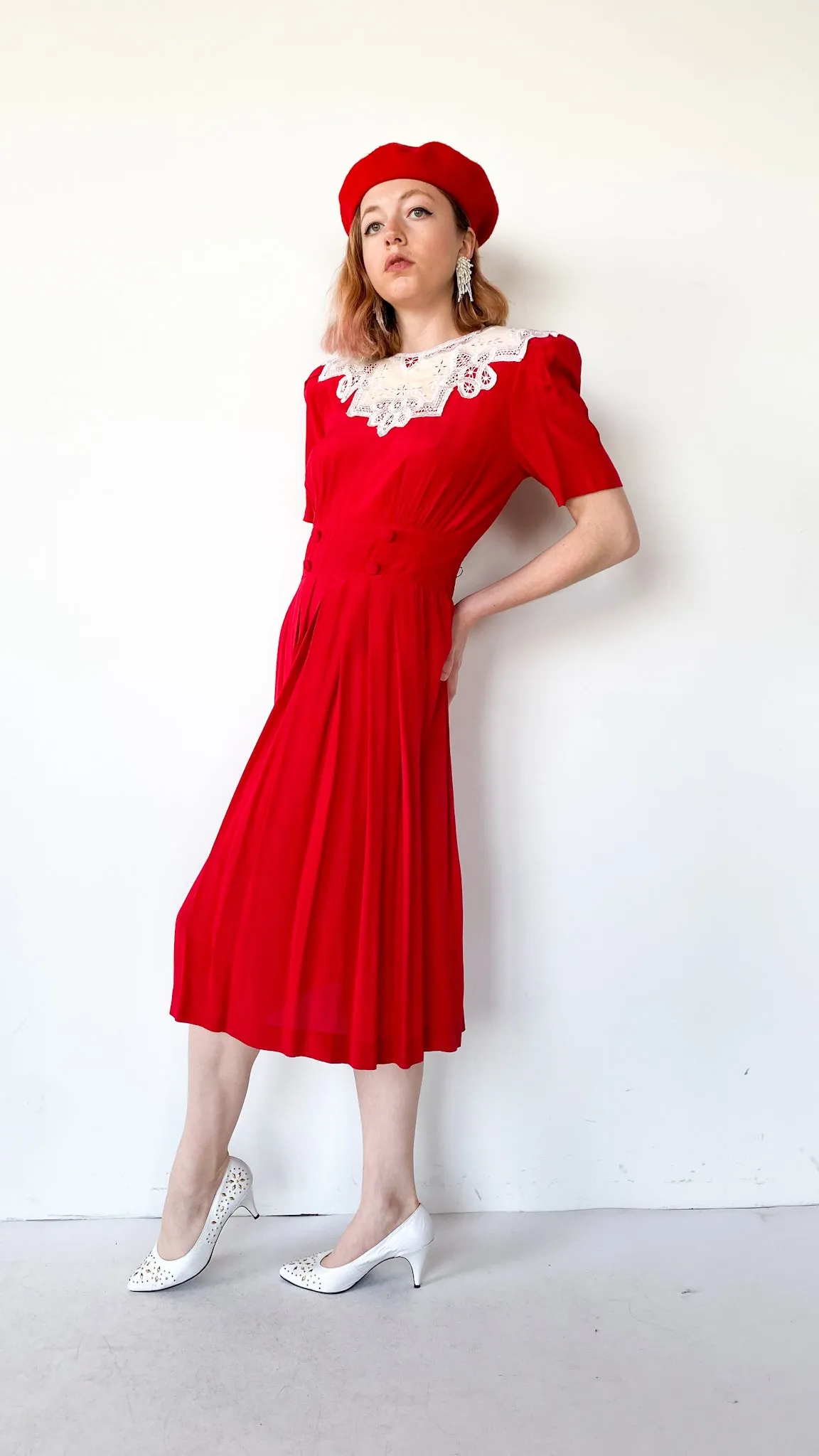 1980s Red Eyelet Collar Dress, sz. M