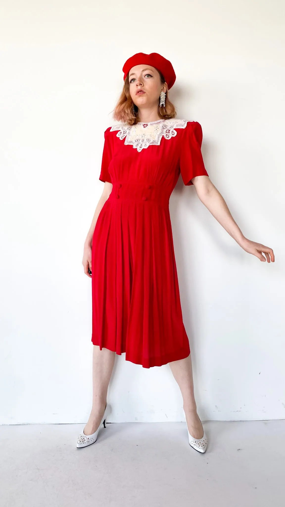 1980s Red Eyelet Collar Dress, sz. M