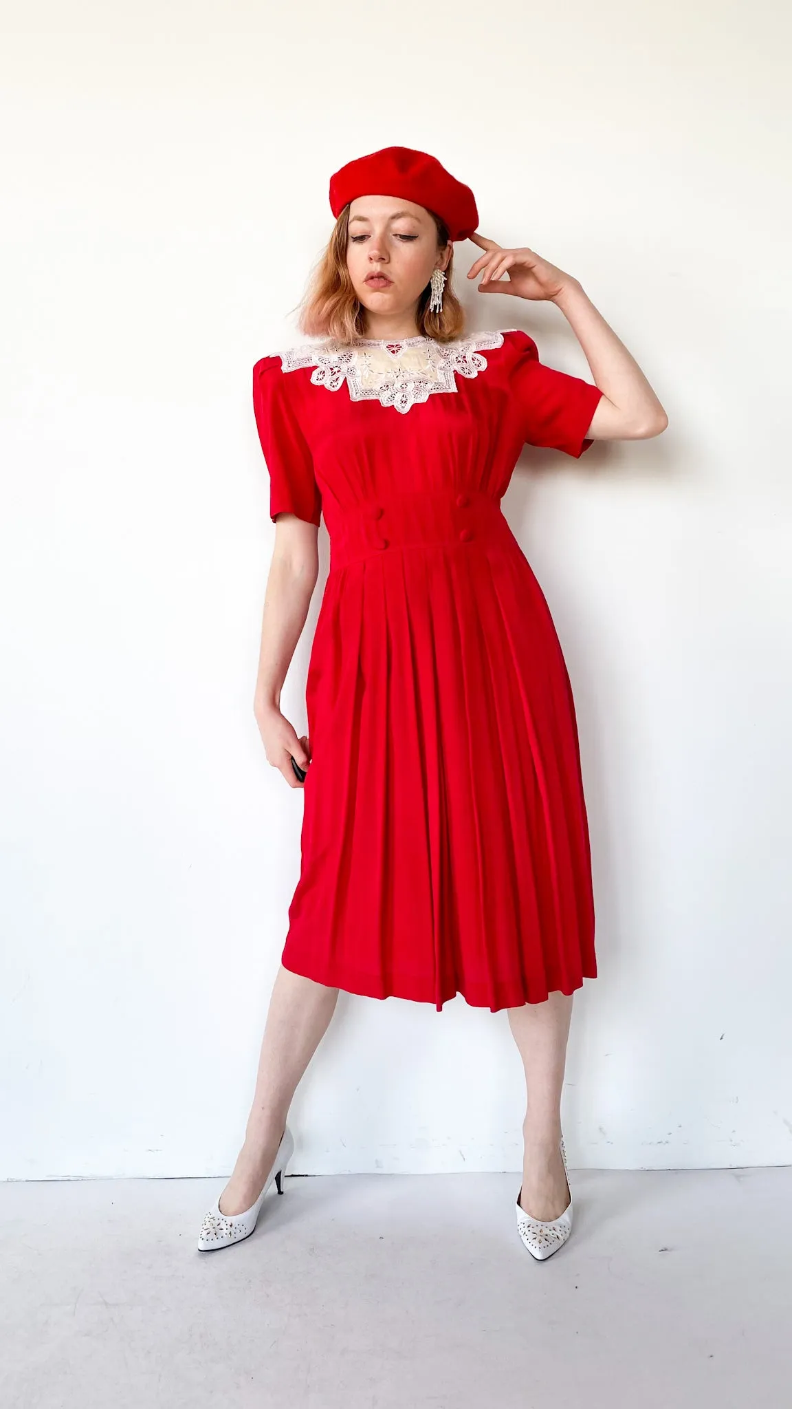 1980s Red Eyelet Collar Dress, sz. M