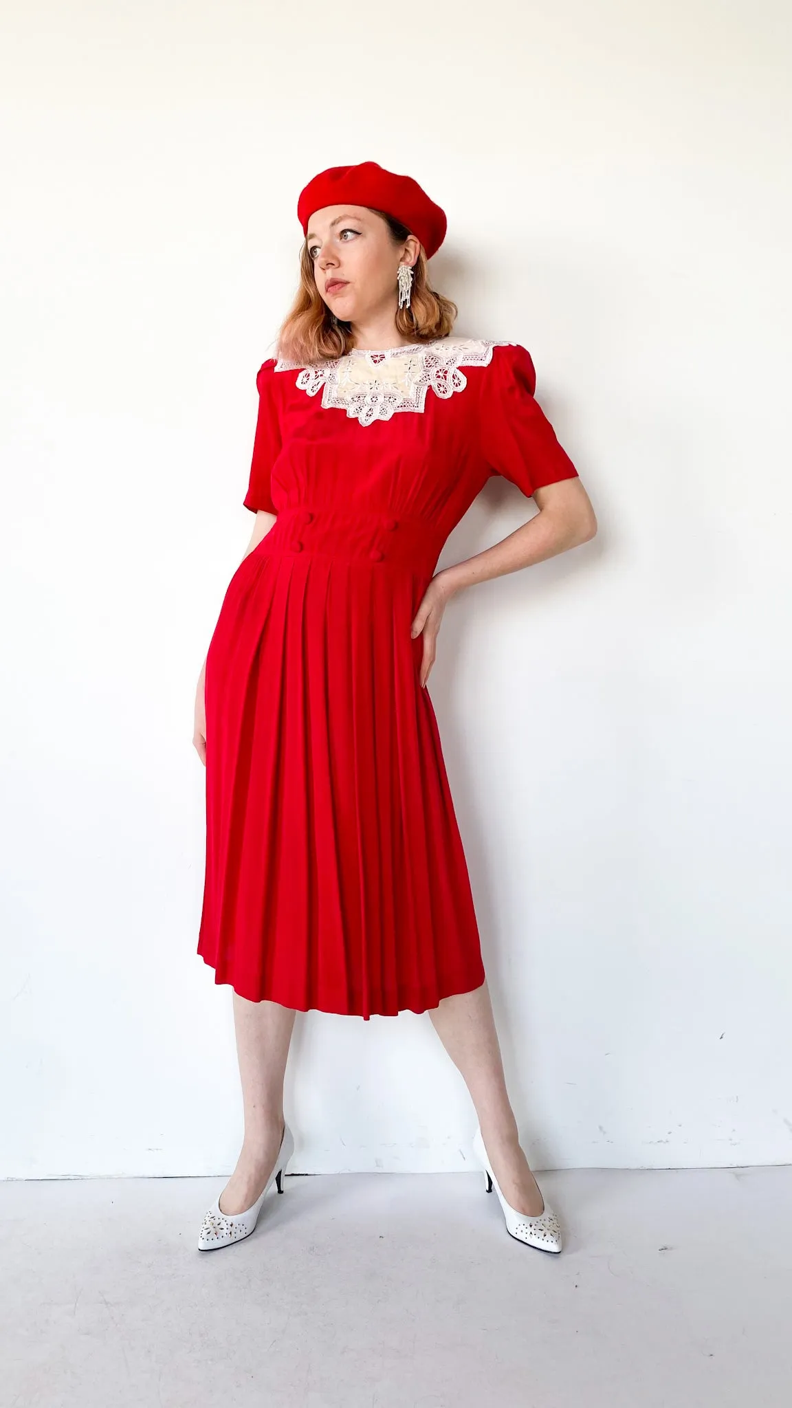 1980s Red Eyelet Collar Dress, sz. M