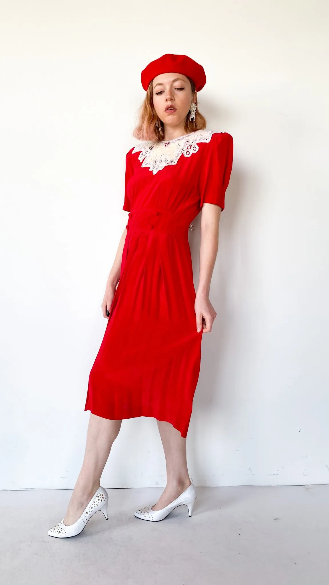 1980s Red Eyelet Collar Dress, sz. M