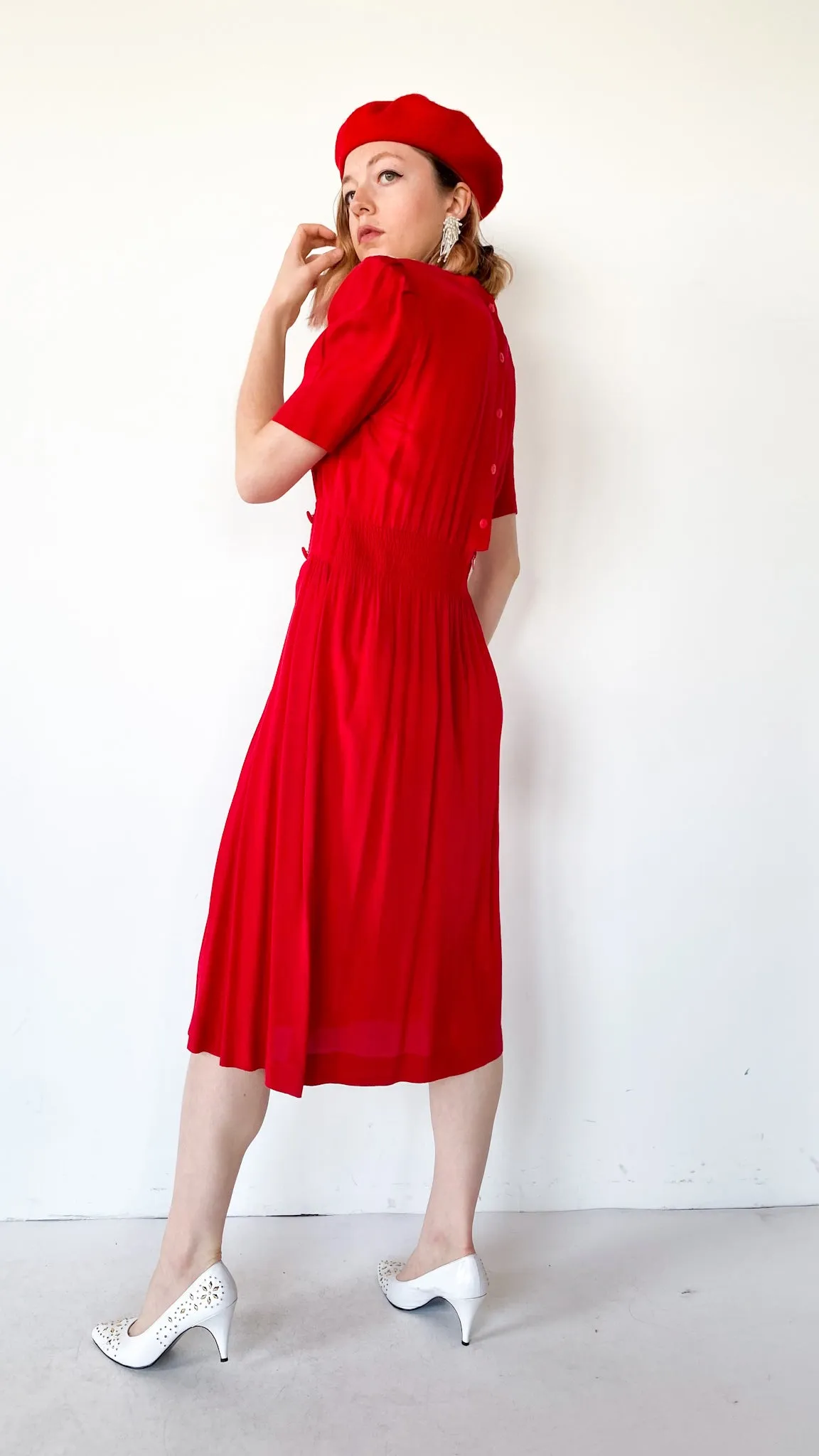 1980s Red Eyelet Collar Dress, sz. M