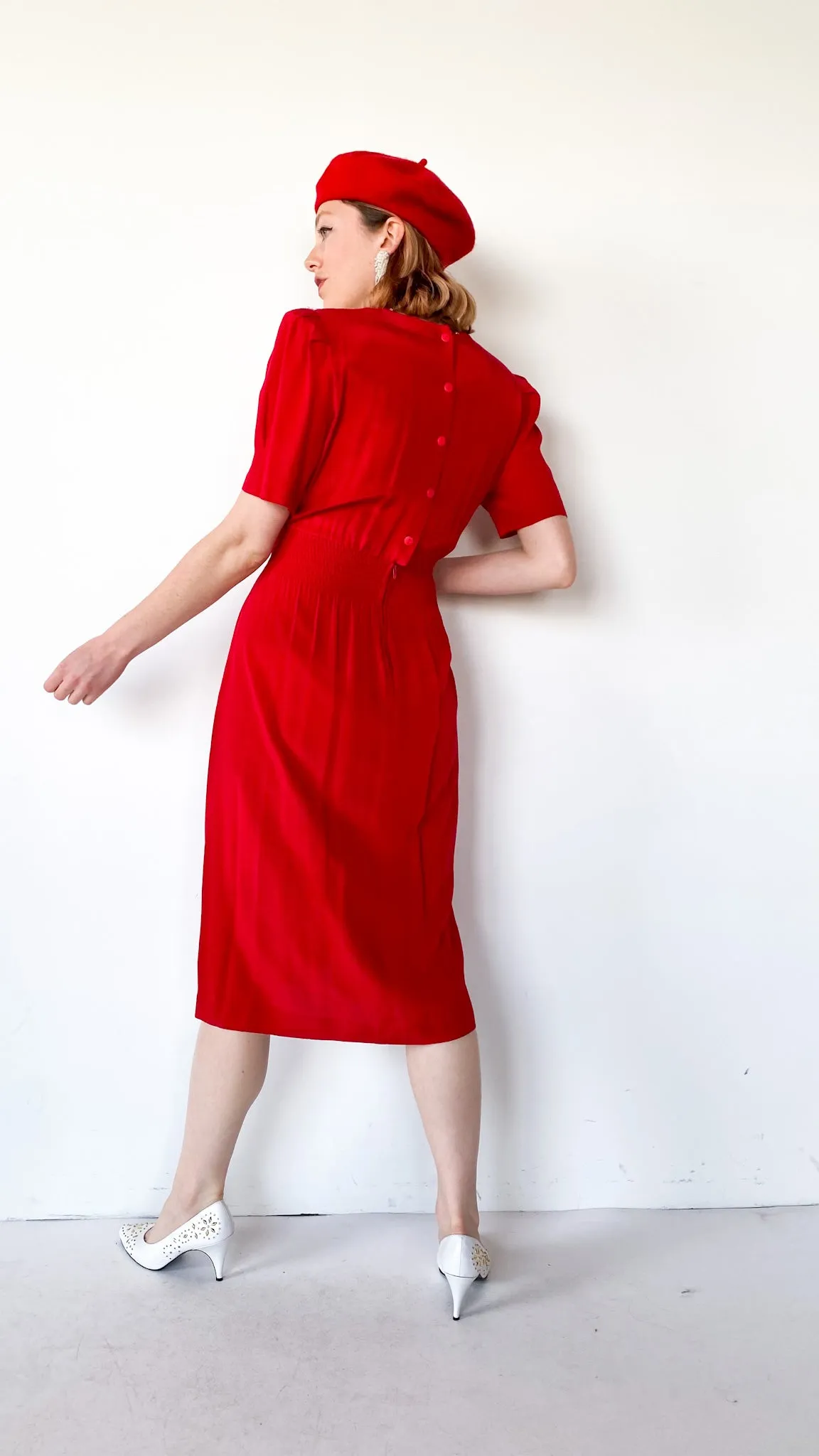 1980s Red Eyelet Collar Dress, sz. M