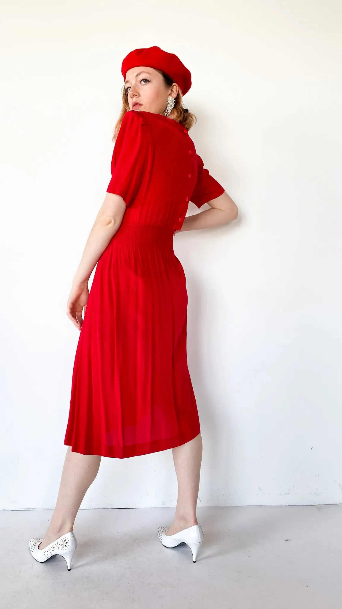 1980s Red Eyelet Collar Dress, sz. M