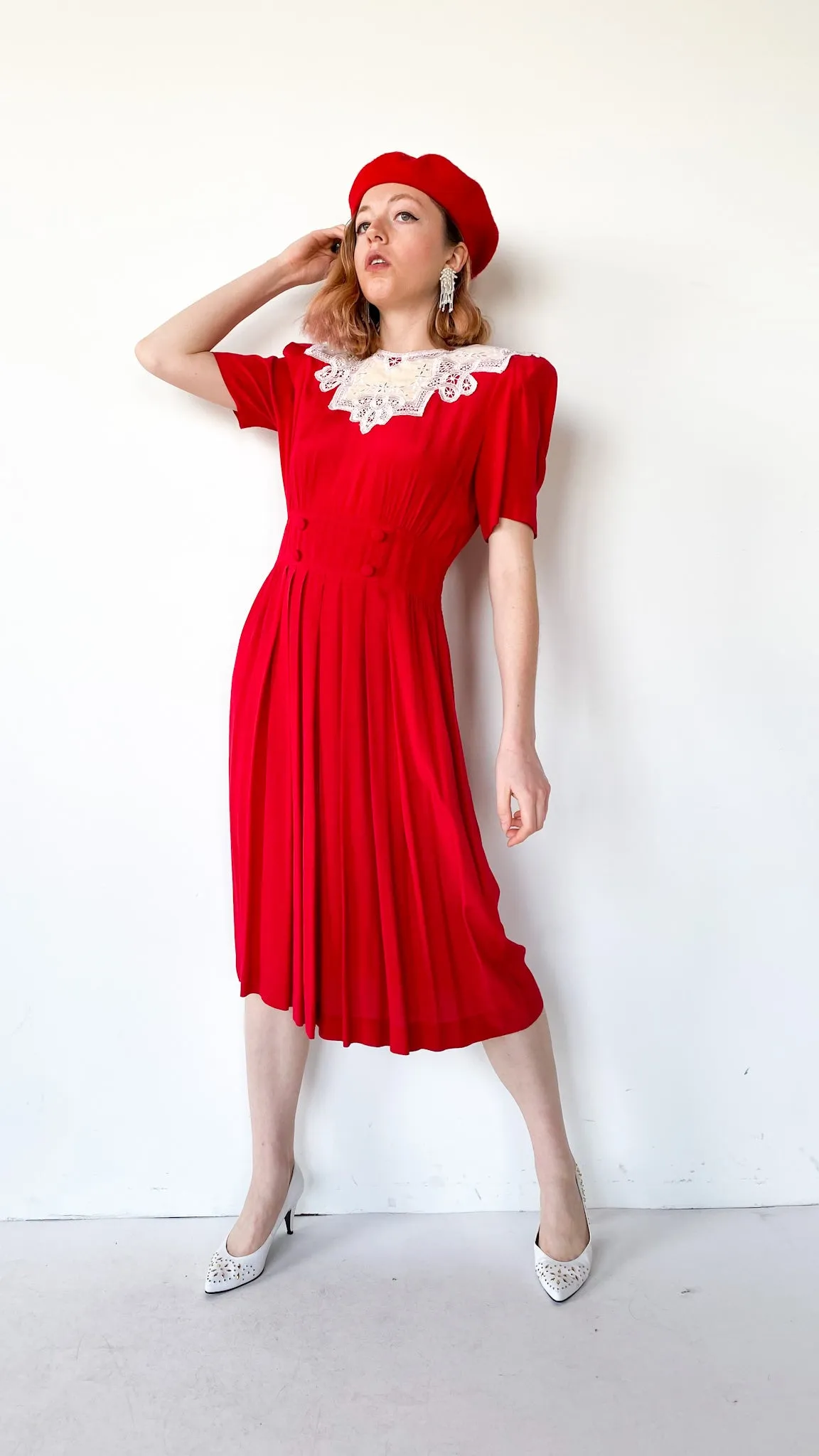 1980s Red Eyelet Collar Dress, sz. M