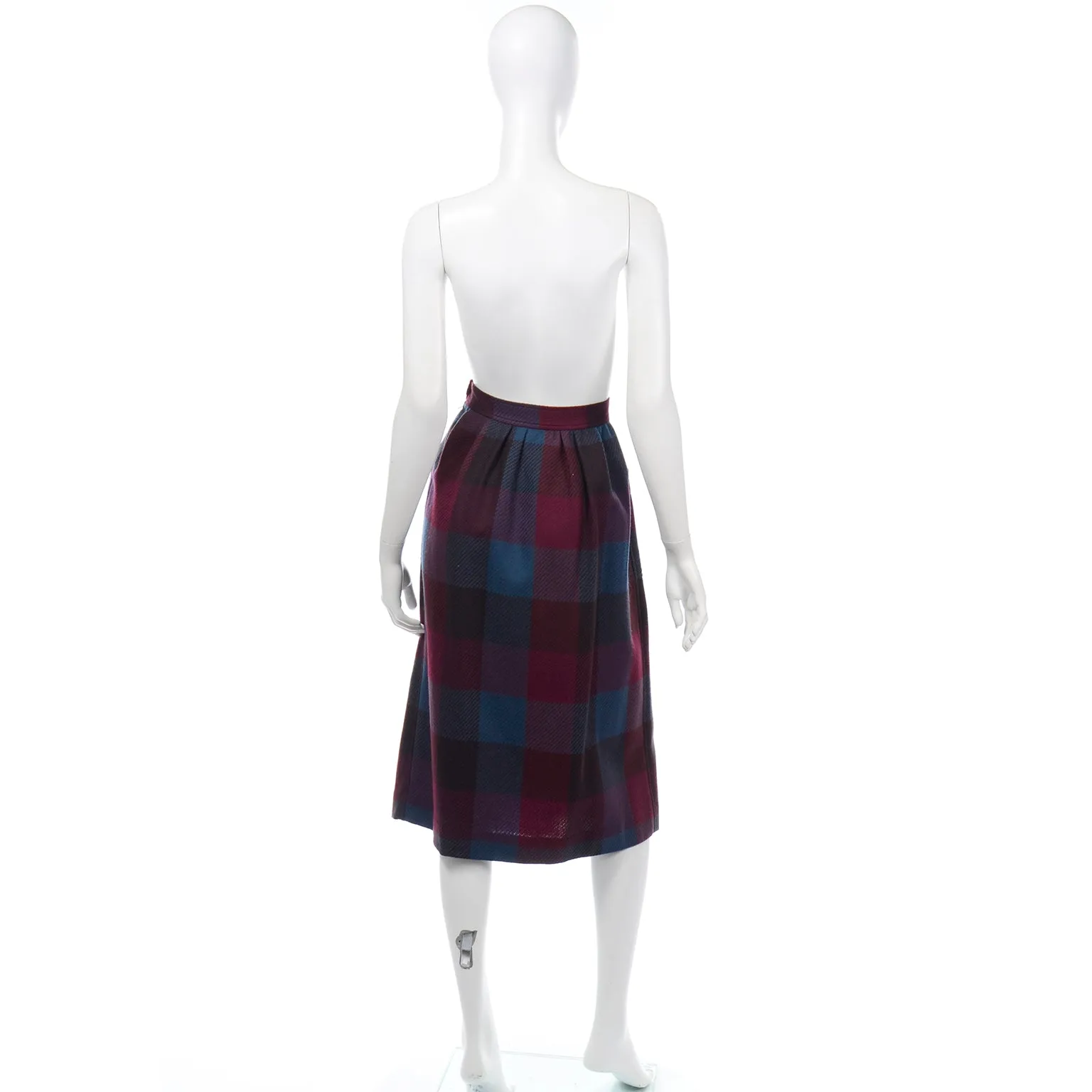 1980s Yves Saint Laurent Burgundy & Blue Plaid Wool Vintage Skirt