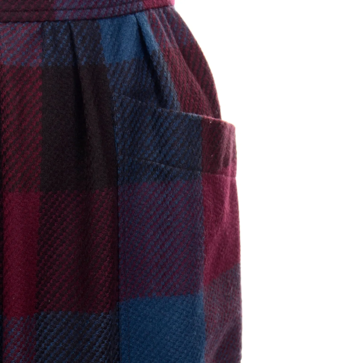 1980s Yves Saint Laurent Burgundy & Blue Plaid Wool Vintage Skirt