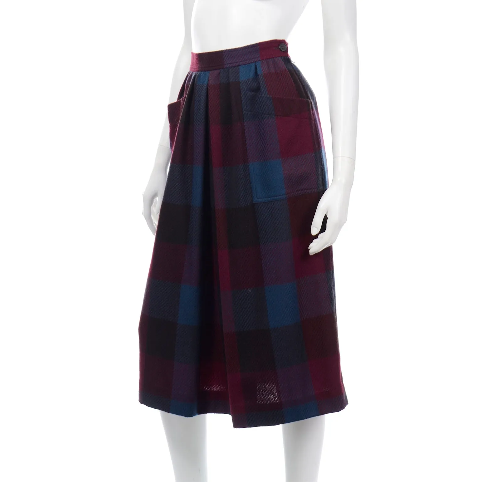 1980s Yves Saint Laurent Burgundy & Blue Plaid Wool Vintage Skirt