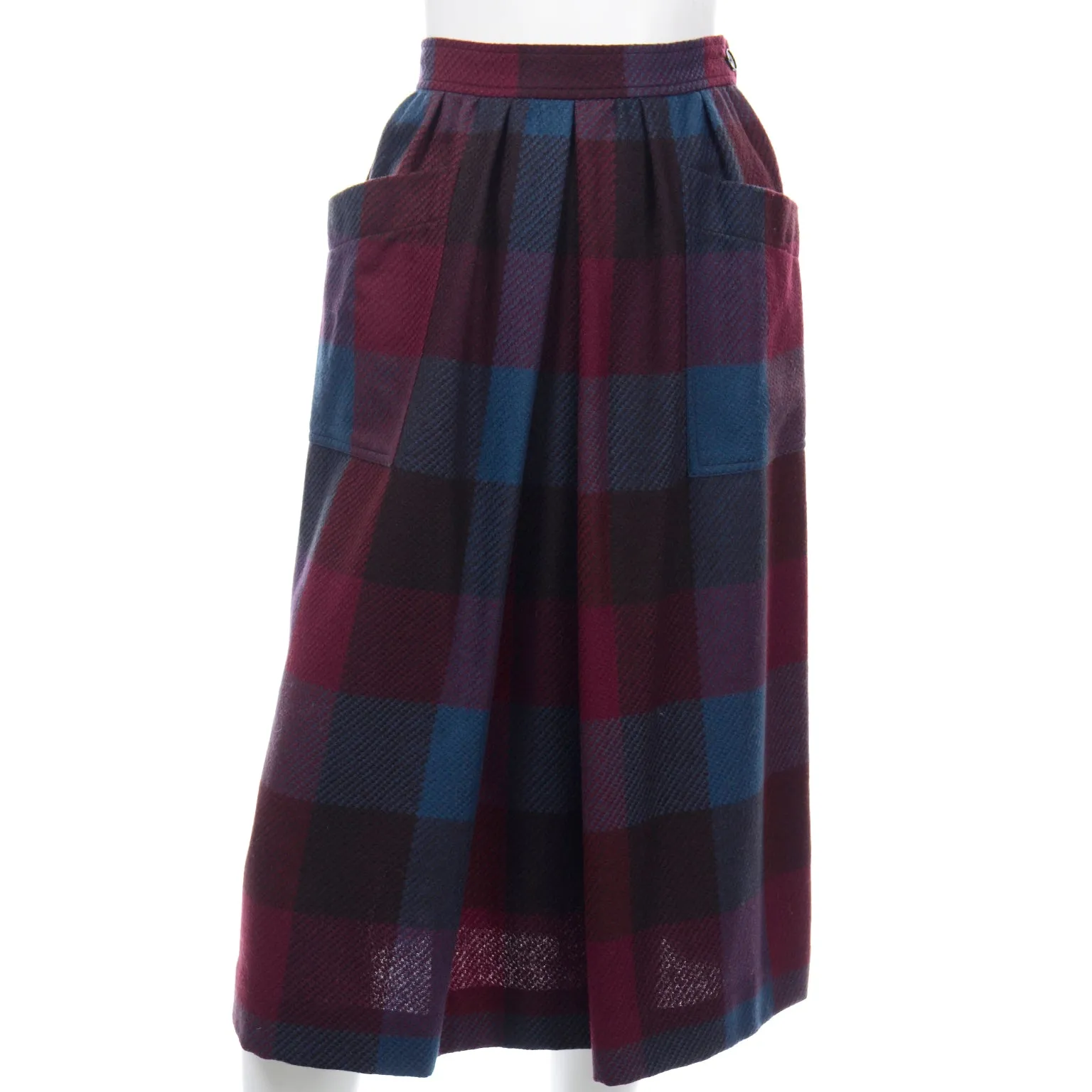 1980s Yves Saint Laurent Burgundy & Blue Plaid Wool Vintage Skirt