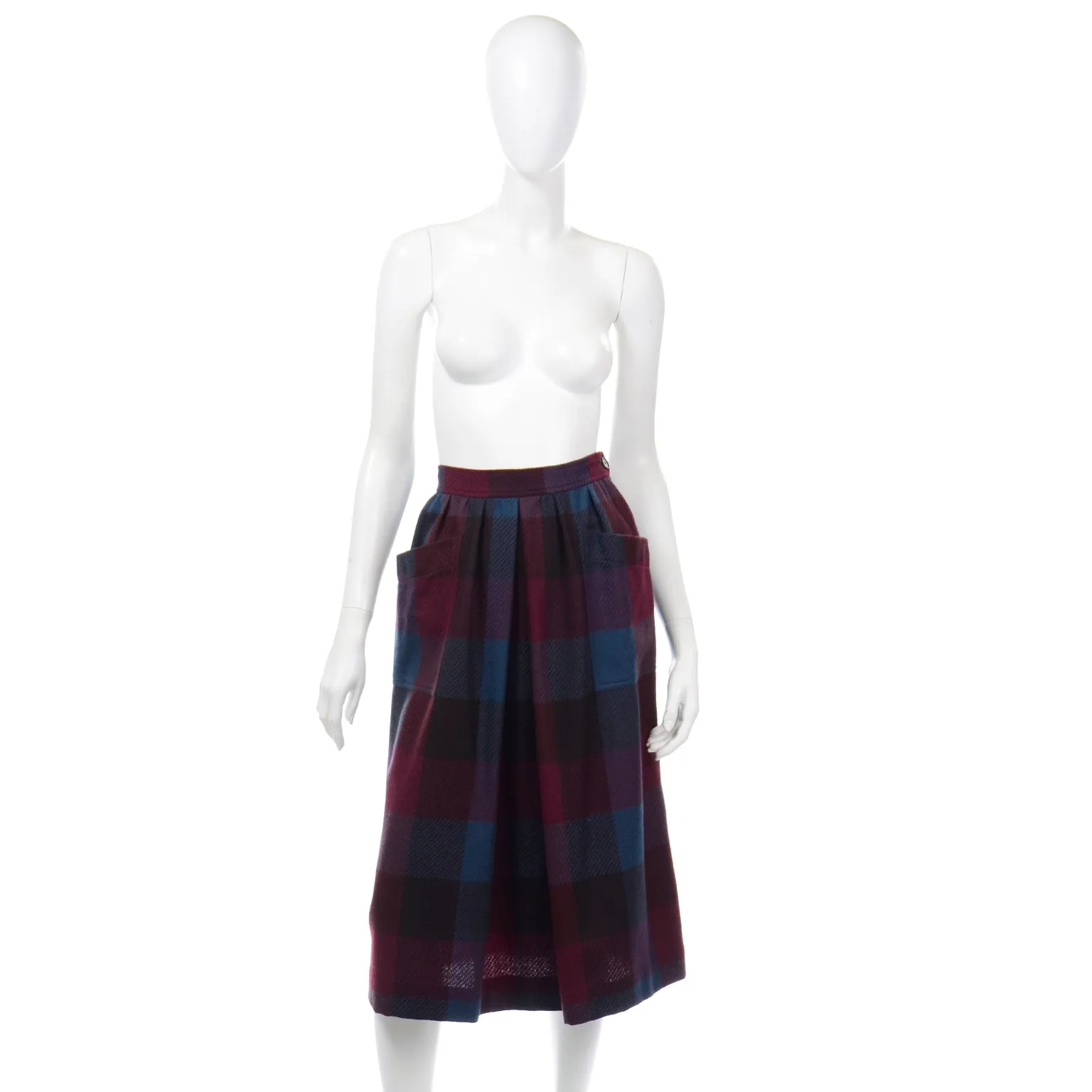 1980s Yves Saint Laurent Burgundy & Blue Plaid Wool Vintage Skirt