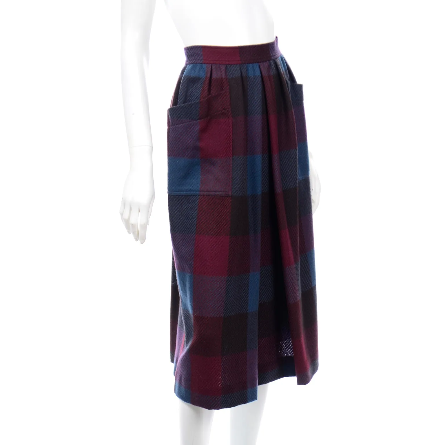 1980s Yves Saint Laurent Burgundy & Blue Plaid Wool Vintage Skirt