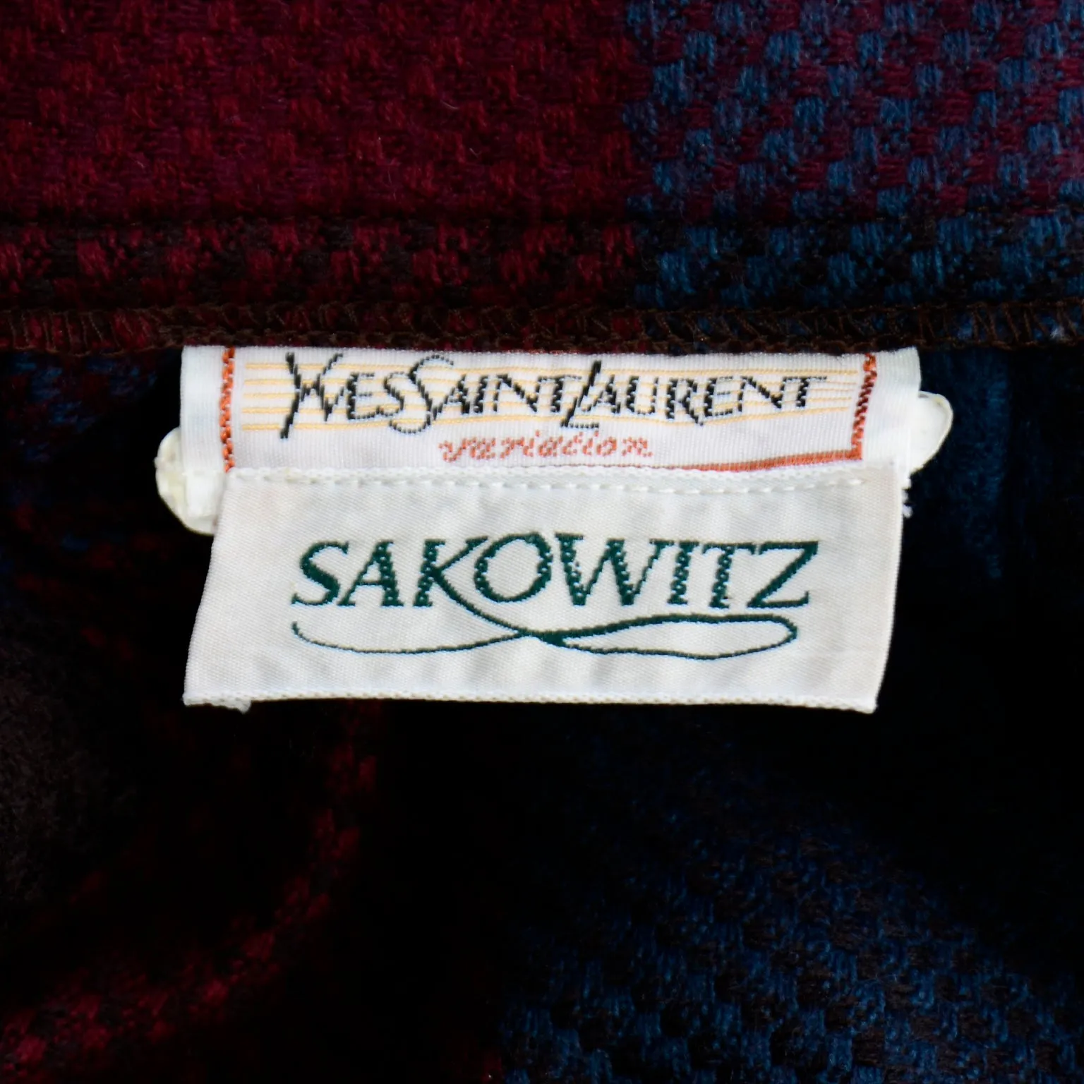 1980s Yves Saint Laurent Burgundy & Blue Plaid Wool Vintage Skirt