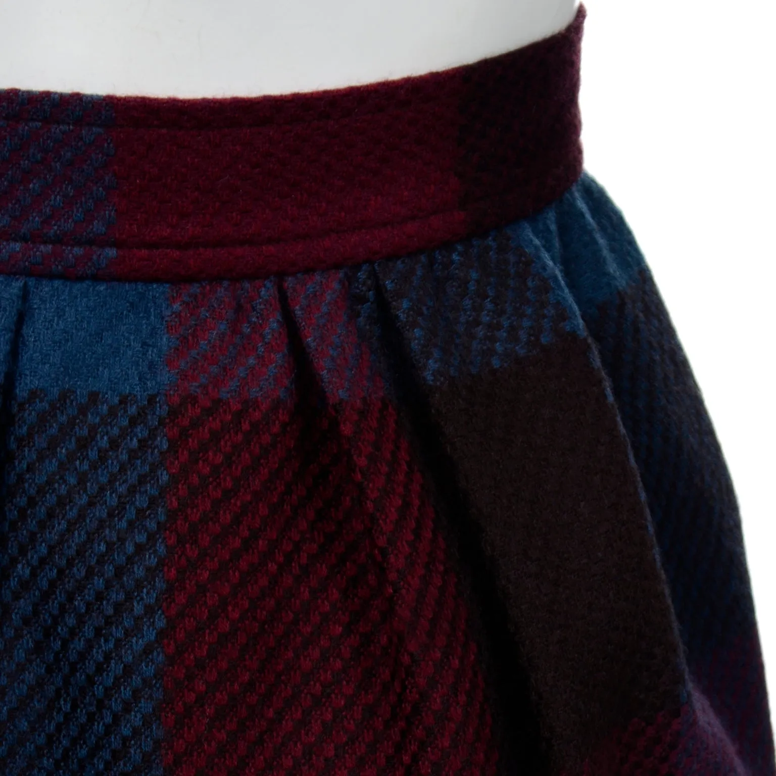 1980s Yves Saint Laurent Burgundy & Blue Plaid Wool Vintage Skirt