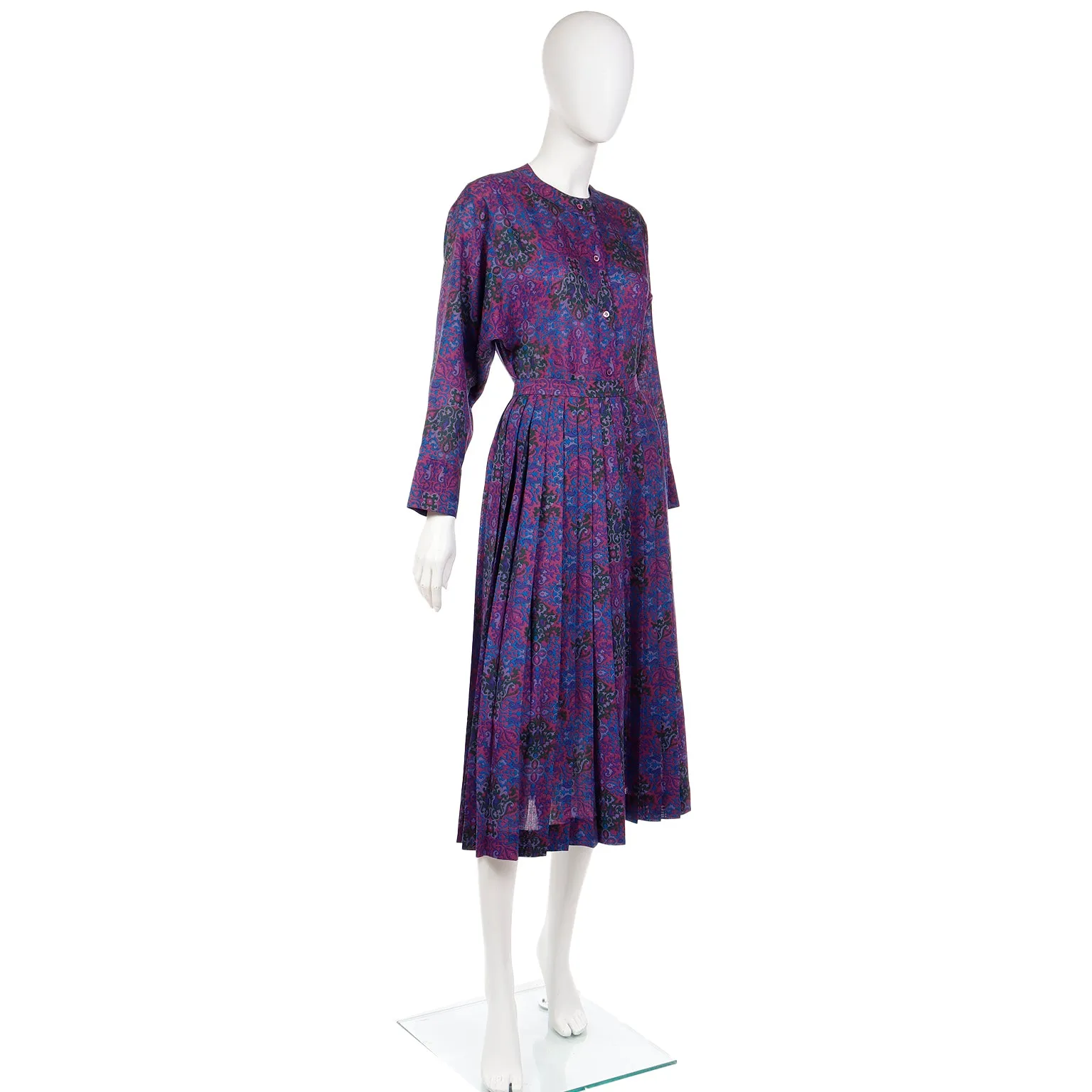 1980s Yves Saint Laurent Purple Floral Wool Challis Blouse & Skirt Outfit