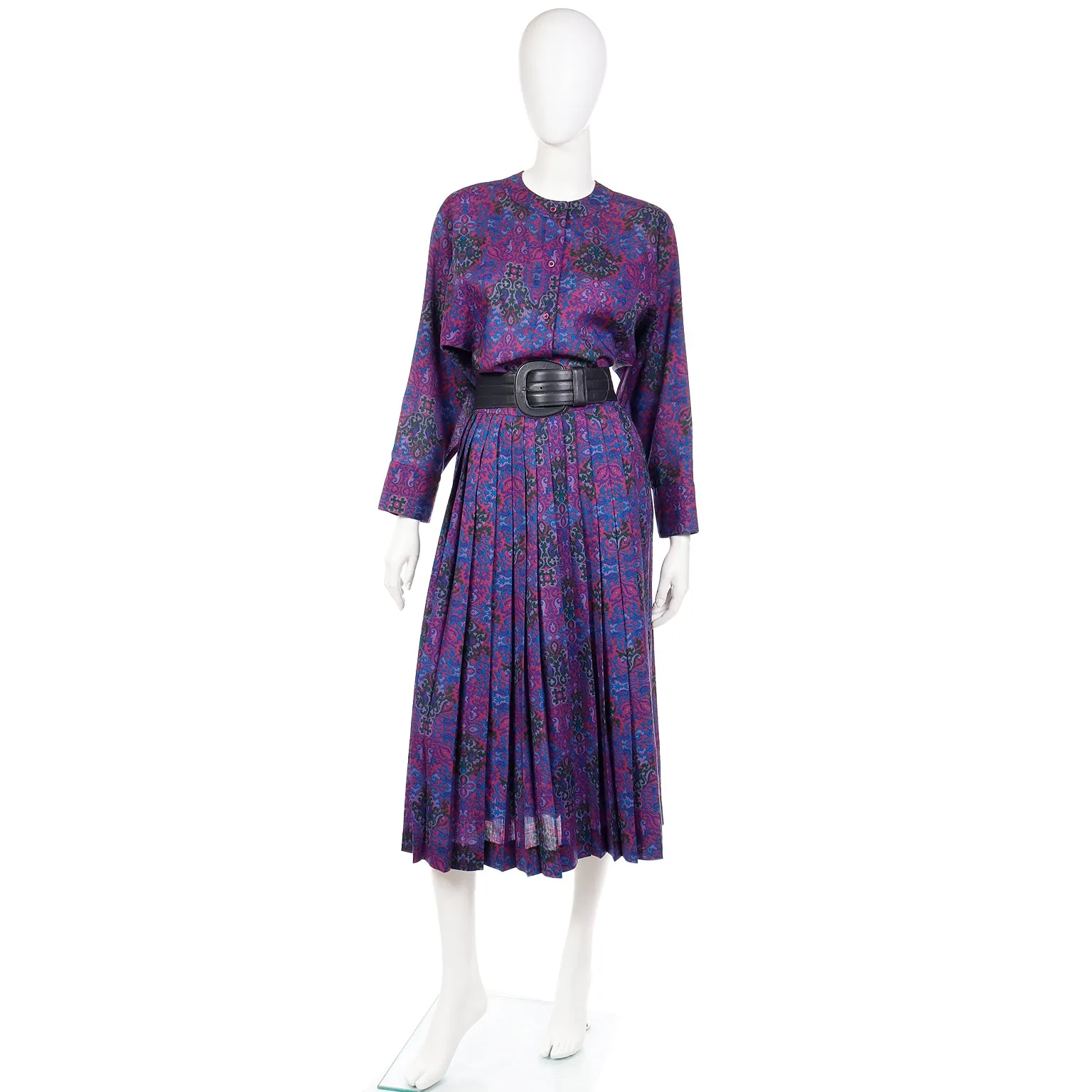 1980s Yves Saint Laurent Purple Floral Wool Challis Blouse & Skirt Outfit