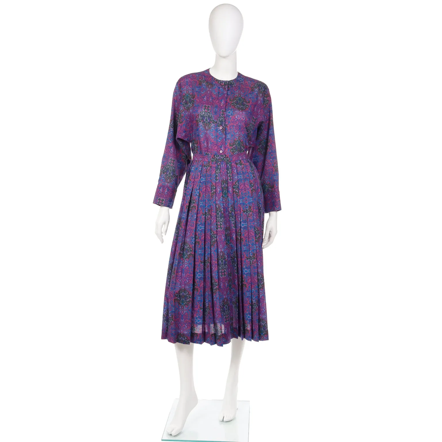 1980s Yves Saint Laurent Purple Floral Wool Challis Blouse & Skirt Outfit