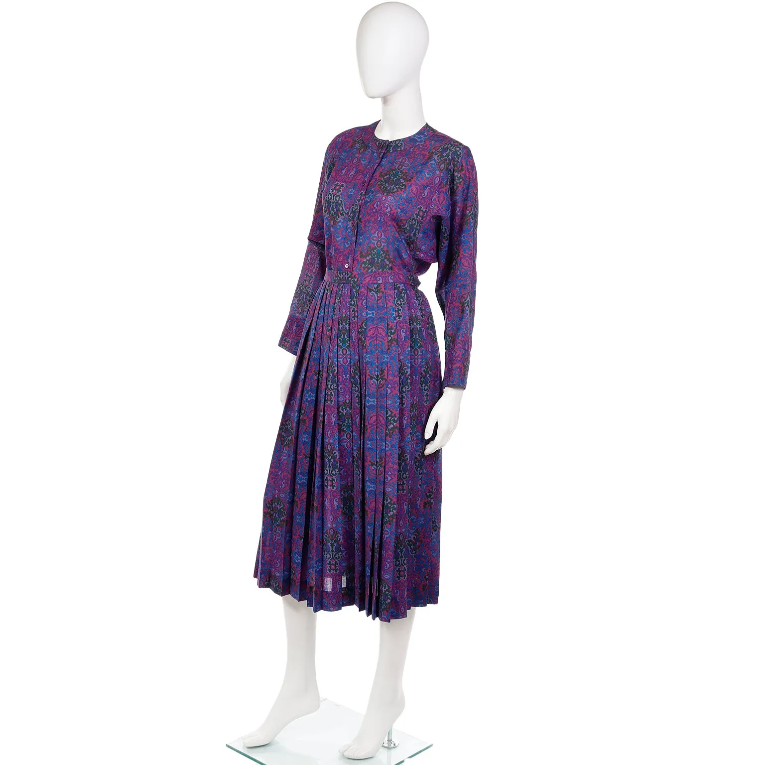 1980s Yves Saint Laurent Purple Floral Wool Challis Blouse & Skirt Outfit