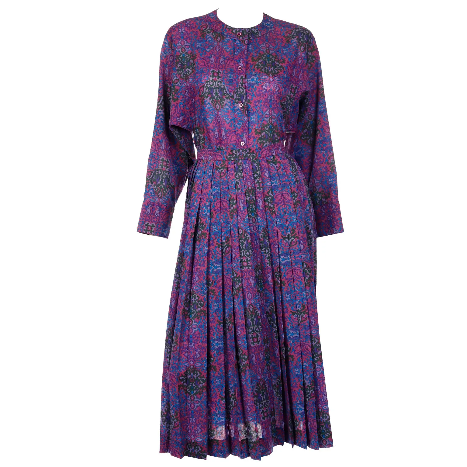 1980s Yves Saint Laurent Purple Floral Wool Challis Blouse & Skirt Outfit