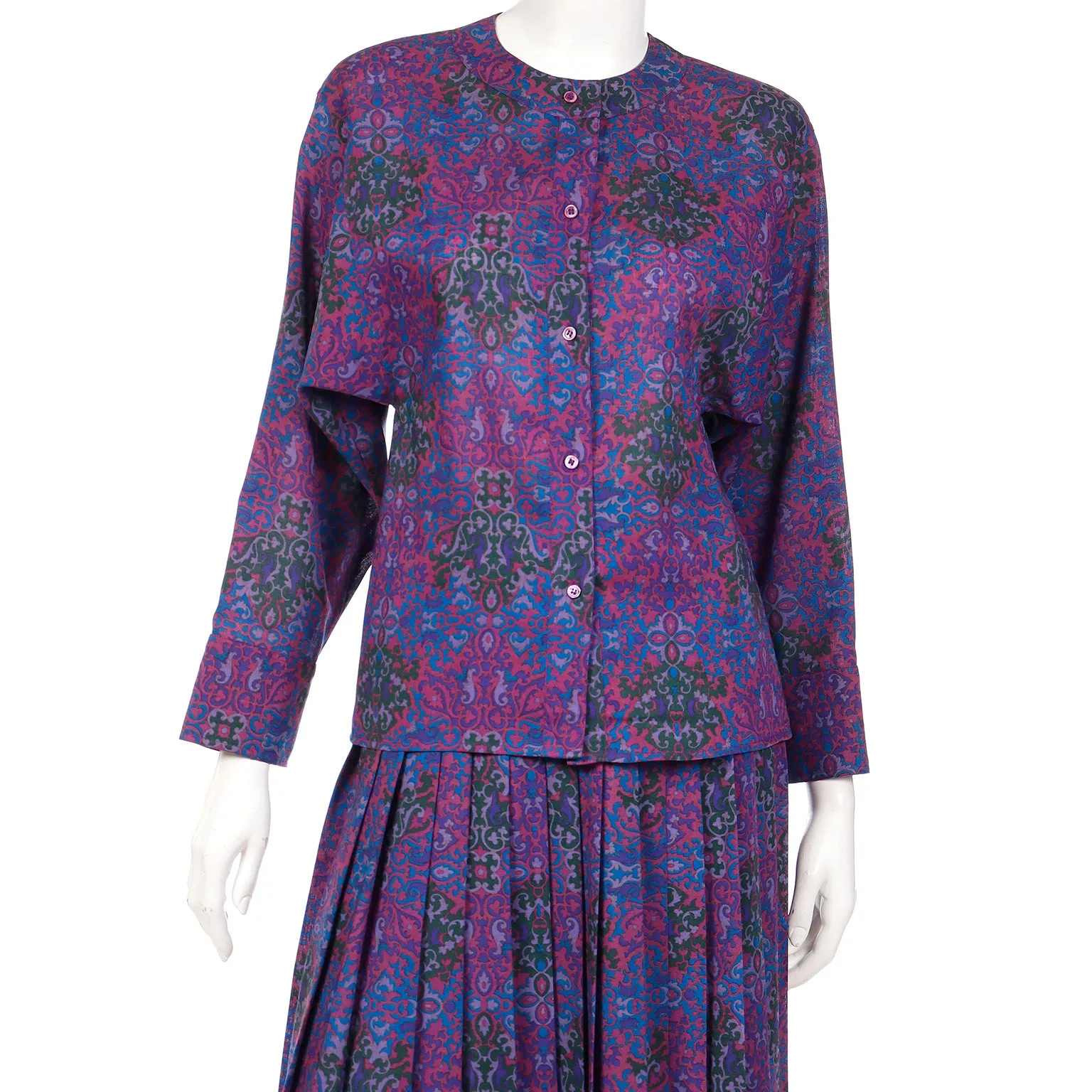 1980s Yves Saint Laurent Purple Floral Wool Challis Blouse & Skirt Outfit