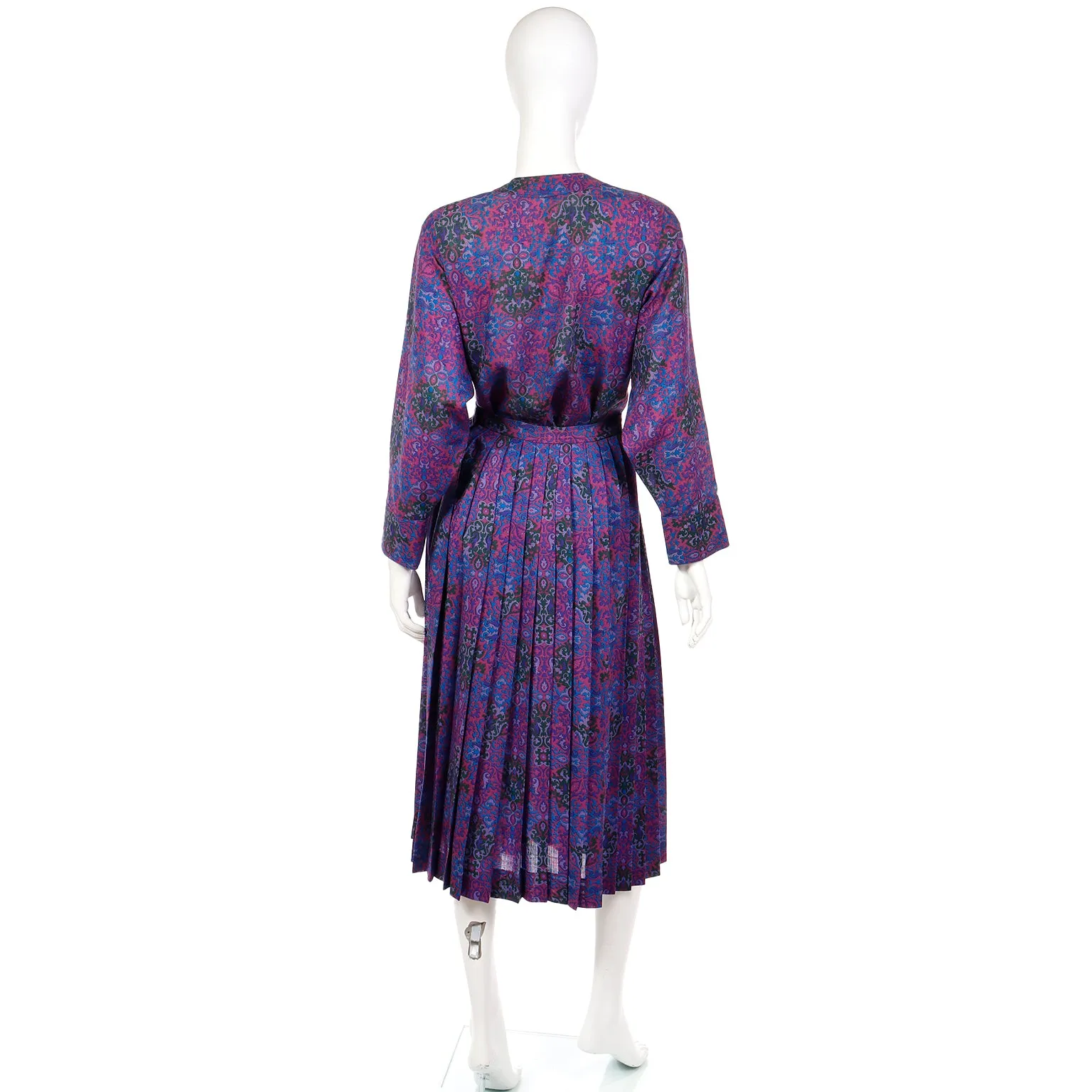 1980s Yves Saint Laurent Purple Floral Wool Challis Blouse & Skirt Outfit