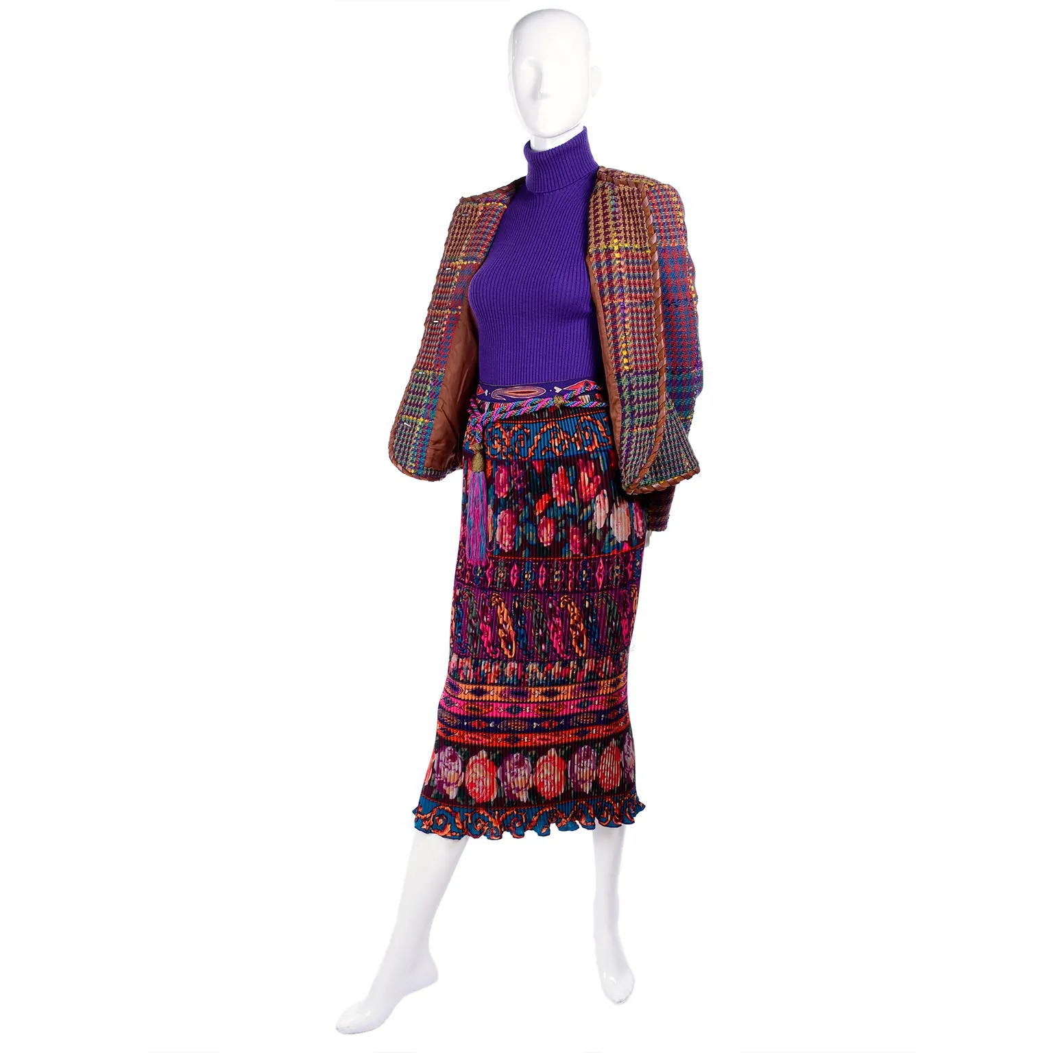 1990s Ungaro Ensemble w/ Pleated Skirt, Tweed Jacket, Sweater & Belt