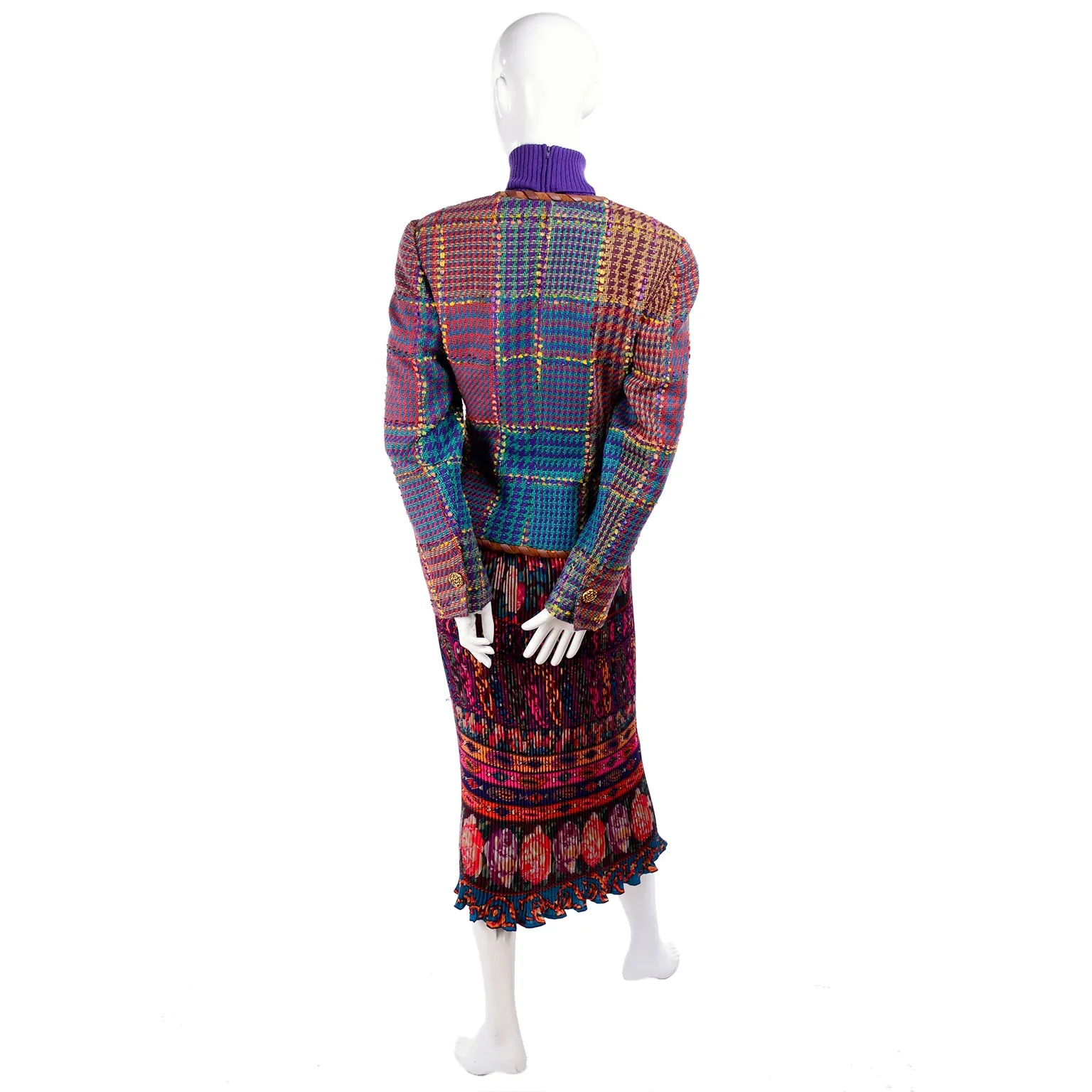 1990s Ungaro Ensemble w/ Pleated Skirt, Tweed Jacket, Sweater & Belt