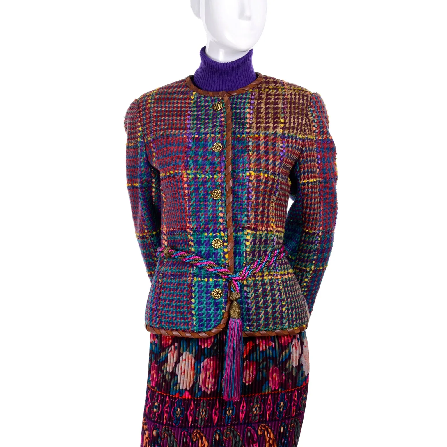 1990s Ungaro Ensemble w/ Pleated Skirt, Tweed Jacket, Sweater & Belt