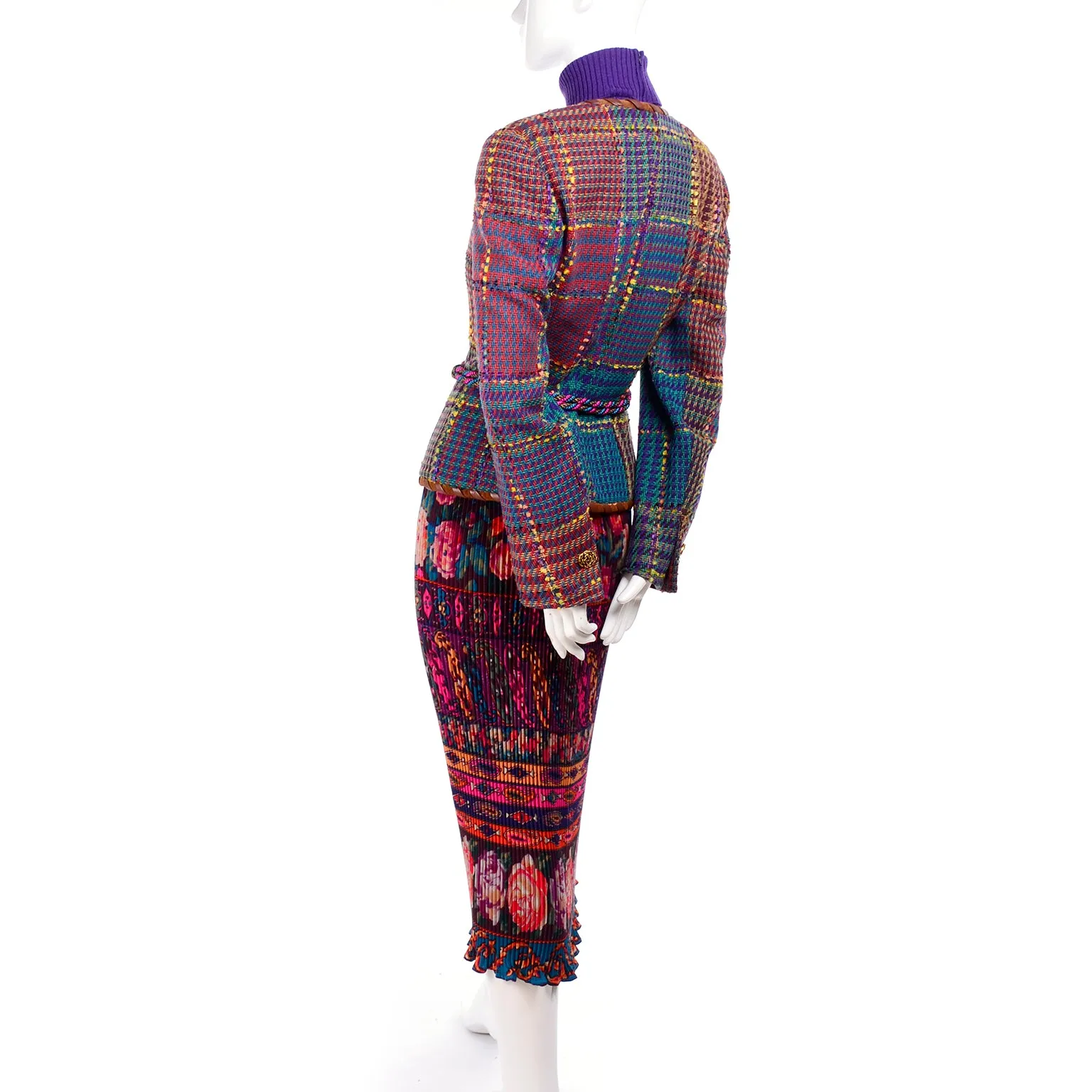 1990s Ungaro Ensemble w/ Pleated Skirt, Tweed Jacket, Sweater & Belt