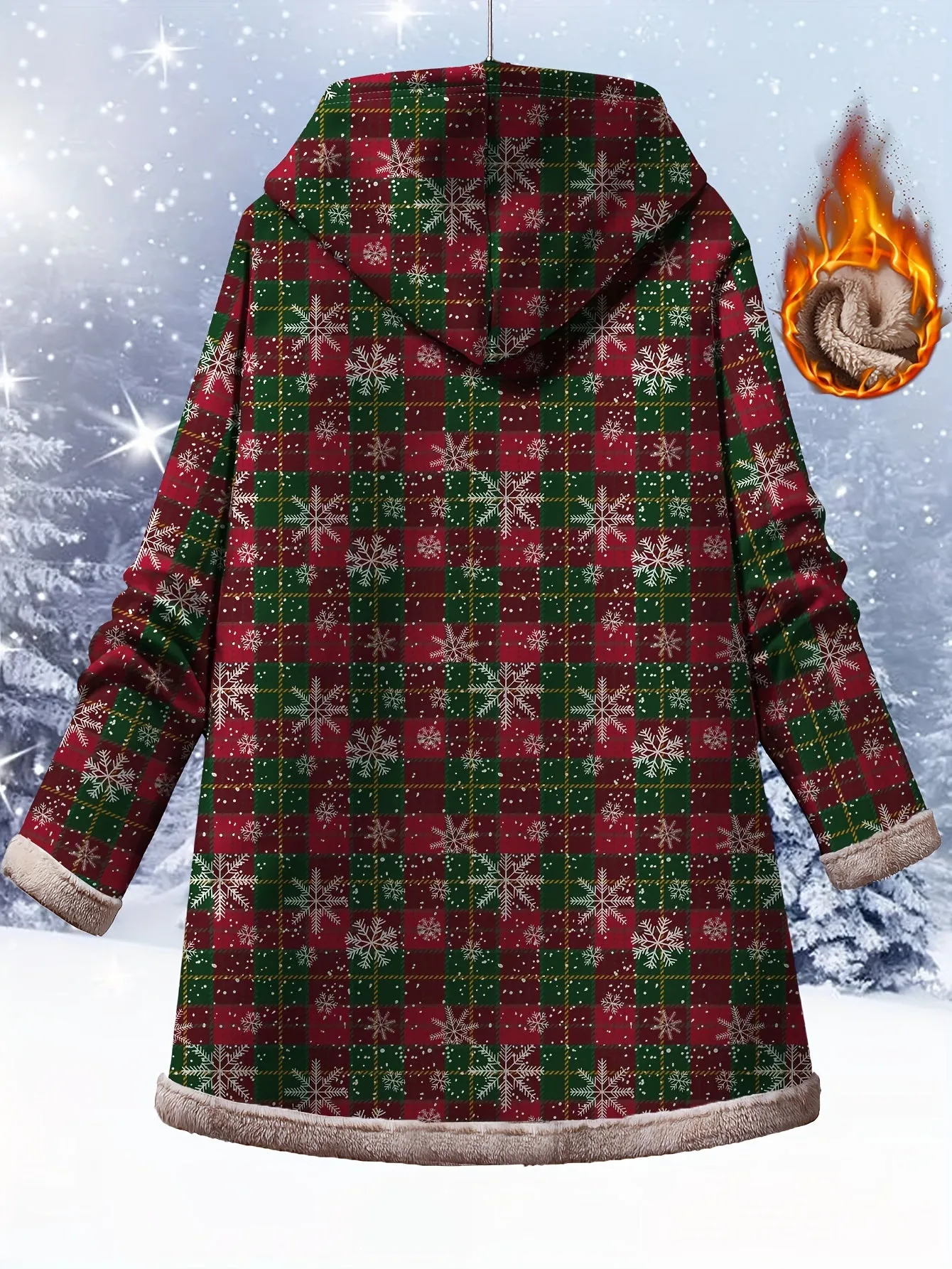 1pc Women'S Plus Size Christmas Snowflake Printed Casual Parka Coat with Hood - Polyester Knit Fabric, Medium Stretch, Warm Fleece Lined, Button-Up with Pockets, Fall/Winter Fashion