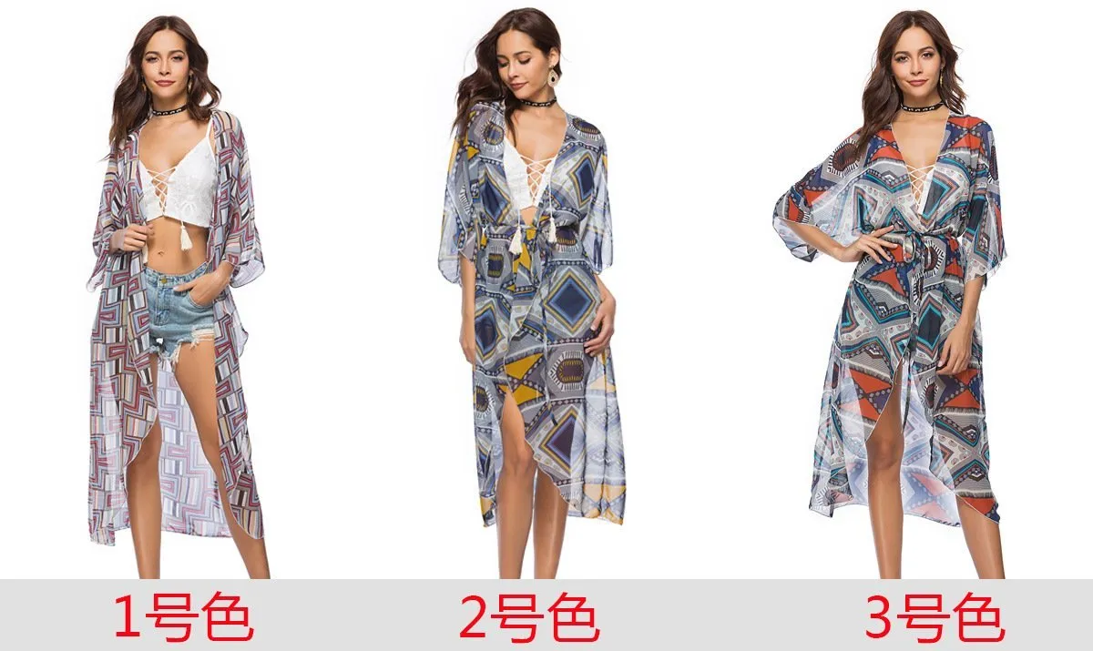 2018 new arrival Printed chiffon shirt with a long section of the beach coat