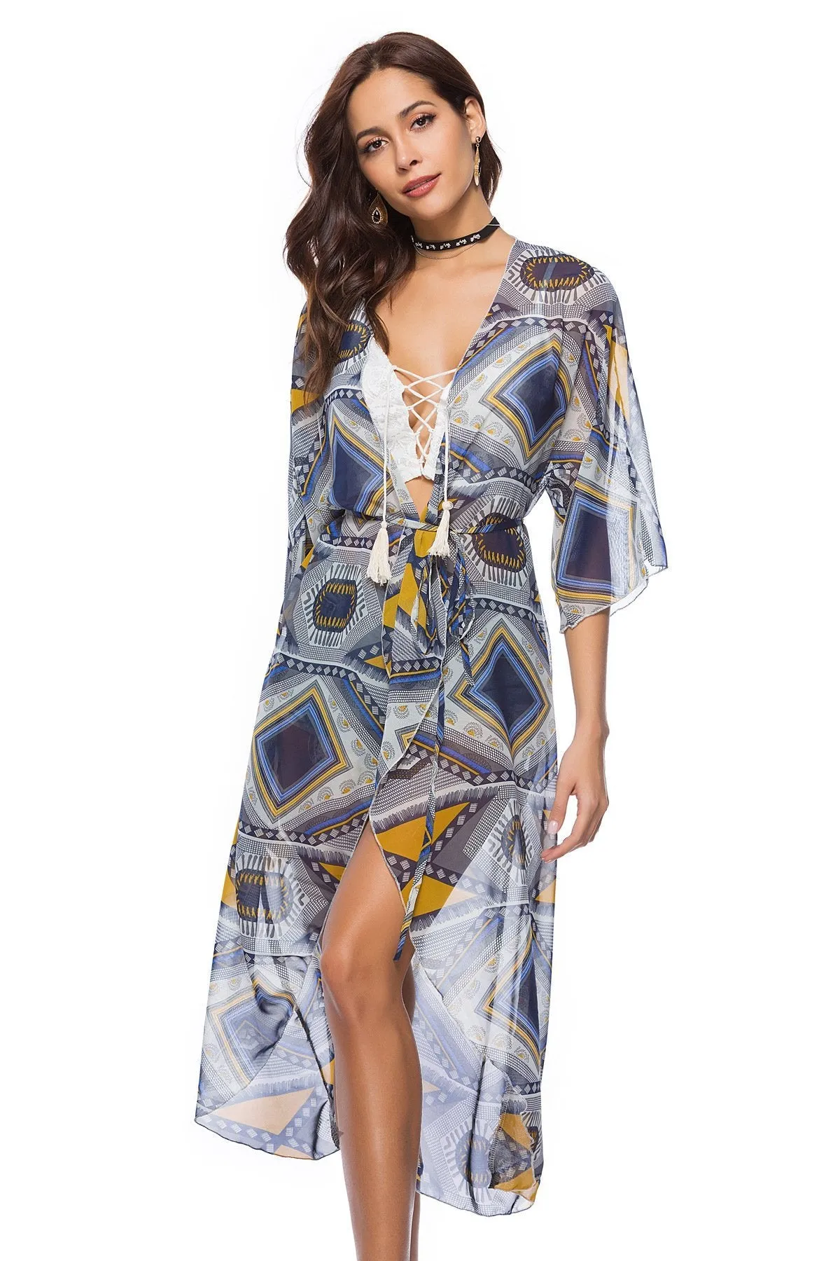 2018 new arrival Printed chiffon shirt with a long section of the beach coat