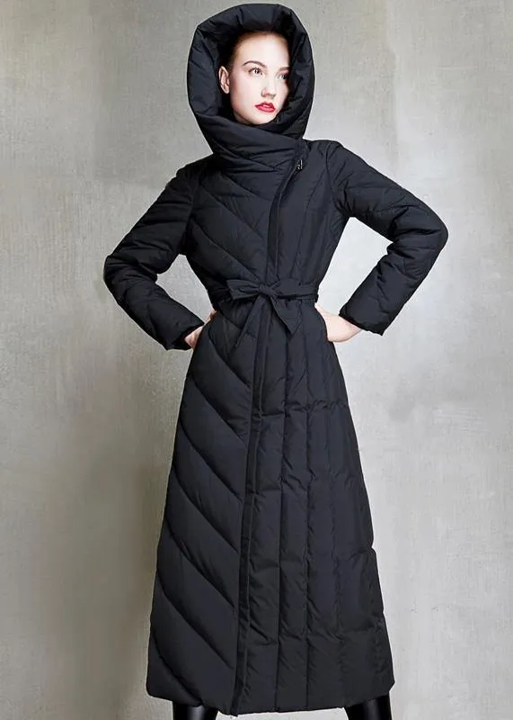 2019 Loose fitting womens parka hooded winter outwear black  tie waist down coat winter