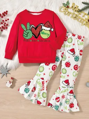 2pcs Girl's Cartoon Santa Pattern Sweatshirt & Flared Pants Set, PEACE LOVE CHRISTMAS Print, Casual Outdoor Outfits for Spring Fall