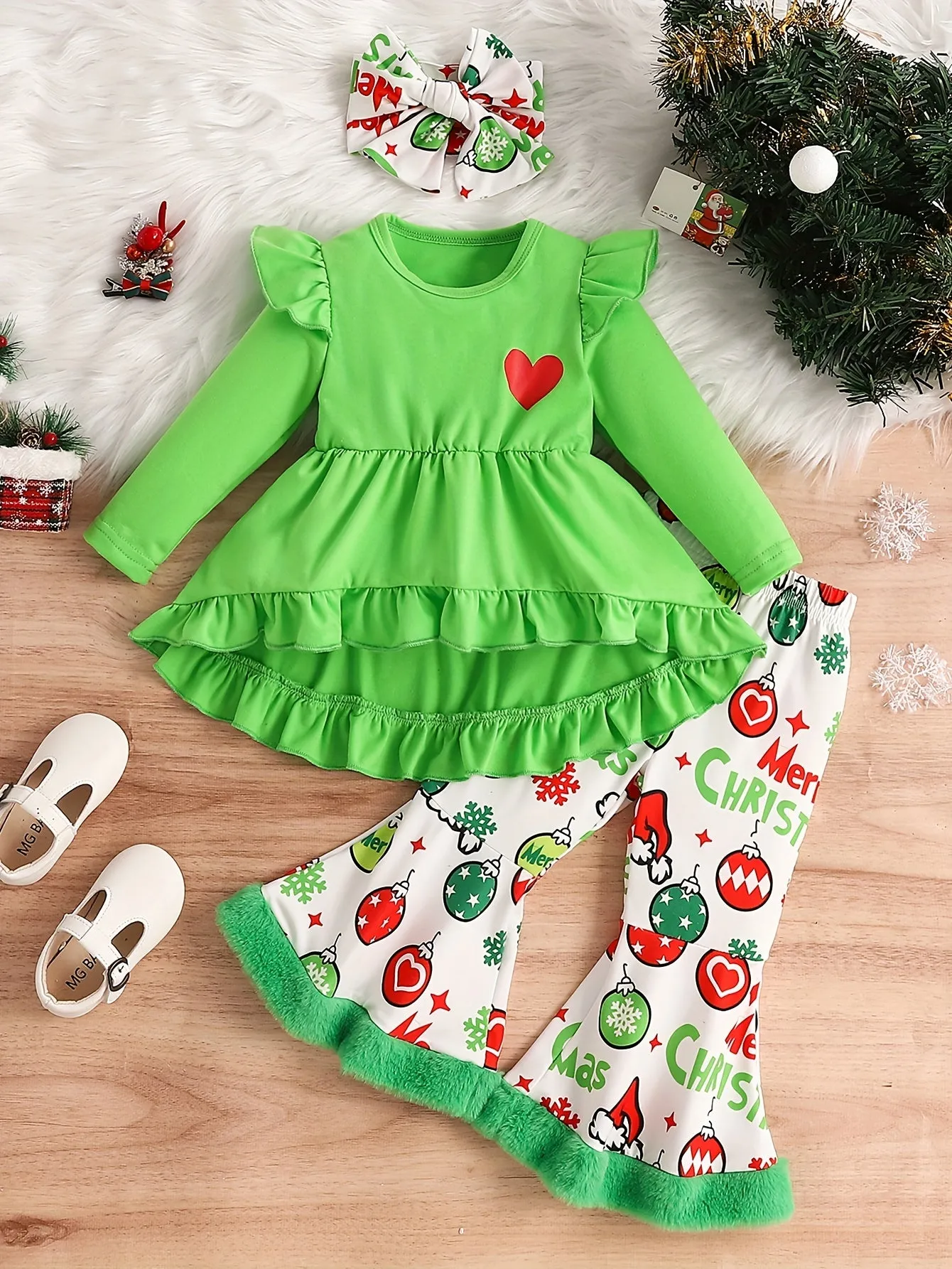 2pcs Toddler & Infant Girl's Creative Christmas Style Set: Flared Pants, Hairband, Ruffle Trim Long Sleeve Peplum Top for Outdoor, Spring/Fall Holiday & Daily Wear