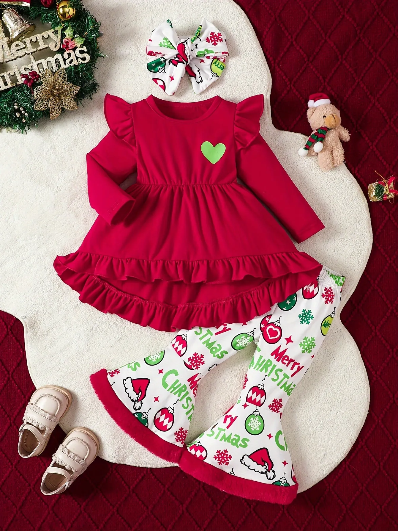 2pcs Toddler & Infant Girl's Creative Christmas Style Set: Flared Pants, Hairband, Ruffle Trim Long Sleeve Peplum Top for Outdoor, Spring/Fall Holiday & Daily Wear