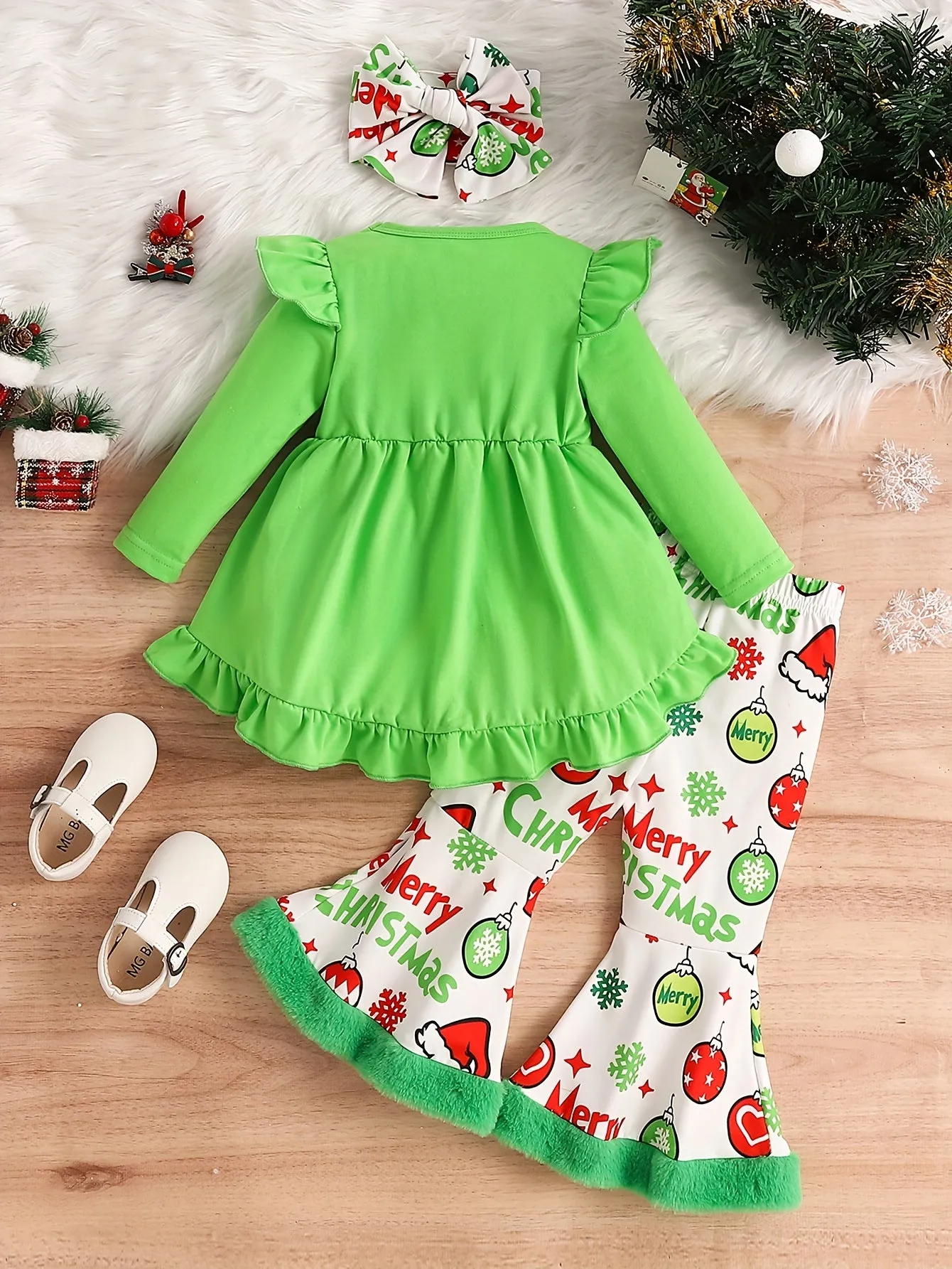 2pcs Toddler & Infant Girl's Creative Christmas Style Set: Flared Pants, Hairband, Ruffle Trim Long Sleeve Peplum Top for Outdoor, Spring/Fall Holiday & Daily Wear