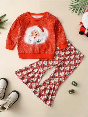 2pcs Toddler Kid's Santa Clause Pattern Outfit Set, Long Sleeve Sweatshirt & Flared Pants, Casual Clothes for Outdoor Spring Fall Winter Christmas