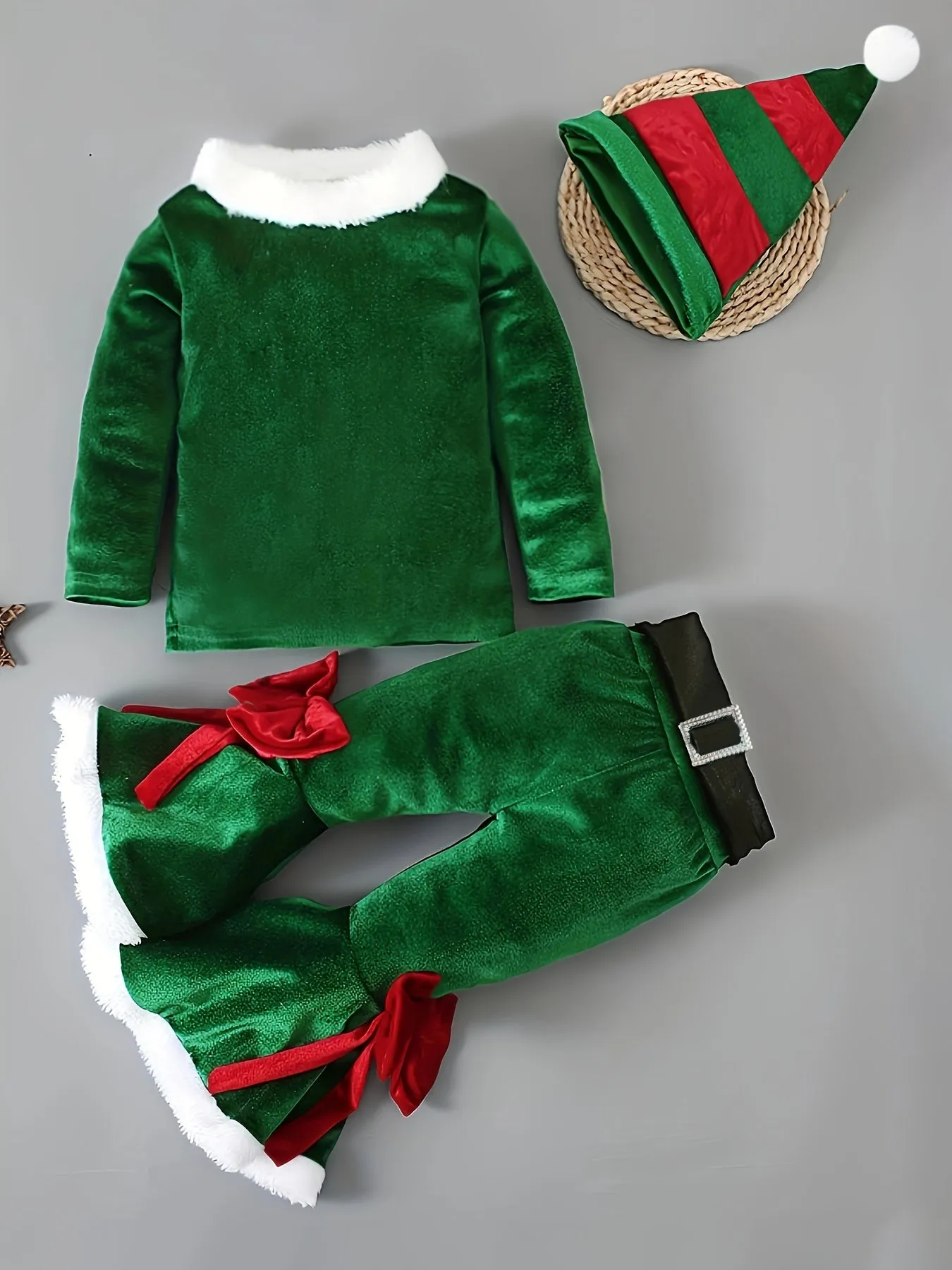 3pcs Santa Claus Set For Girls, Velvet Top & Christmas Hat & Flared Pants Set, Kid's Dress Up Outfits For Spring Fall Winter, As Gift