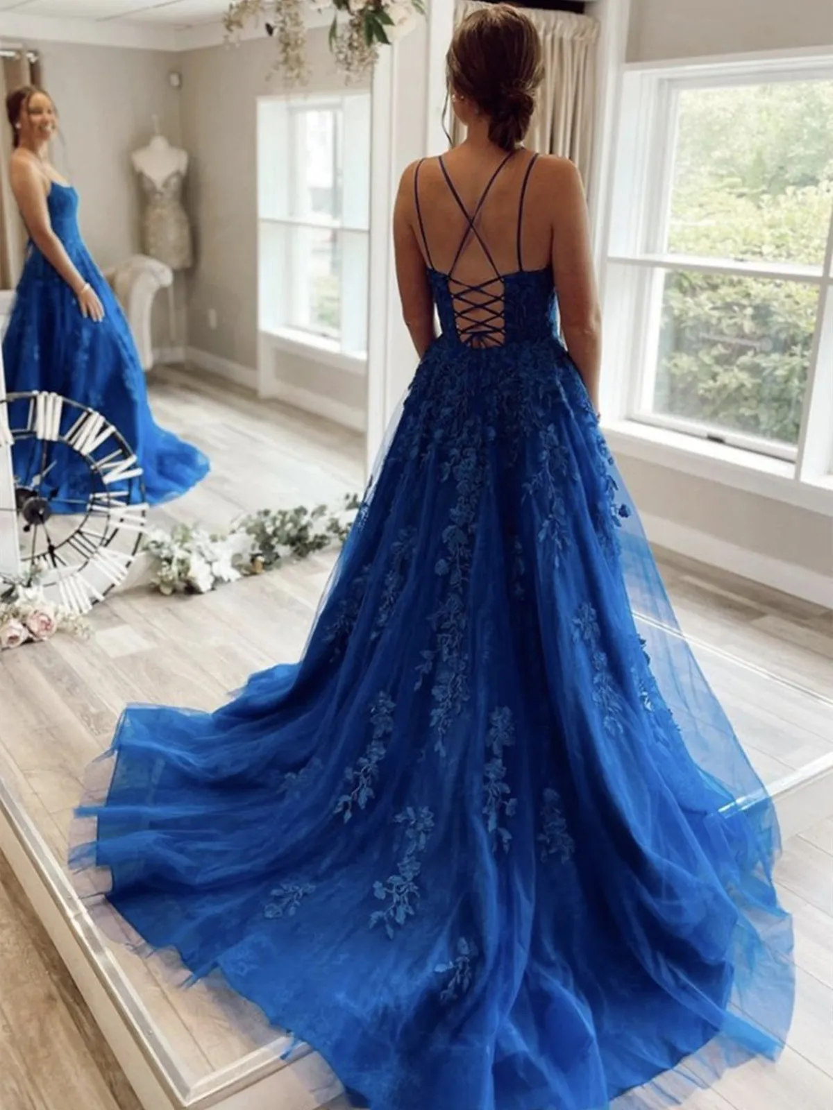 A Line Backless Blue Lace Long Prom Dresses, Blue Lace Formal Dresses, Blue Evening Dresses SP2082