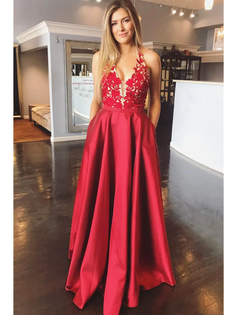 A Line Halter V Neck Backless Lace Appliques Red Prom Dresses, V Neck Red Formal Dresses, Red Lace Evening Dresses