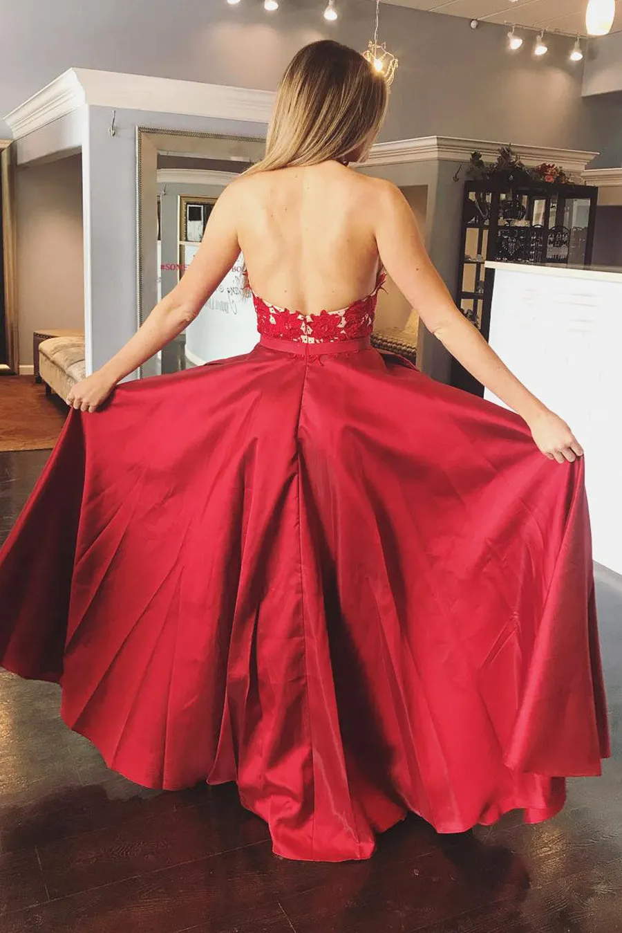 A Line Halter V Neck Backless Lace Appliques Red Prom Dresses, V Neck Red Formal Dresses, Red Lace Evening Dresses