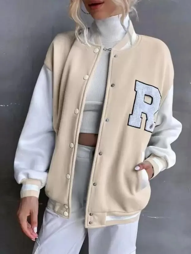 A to Z CREATION Stylish Long sleeve Letterman Varsity Jacket for Women (Medium, Beige)