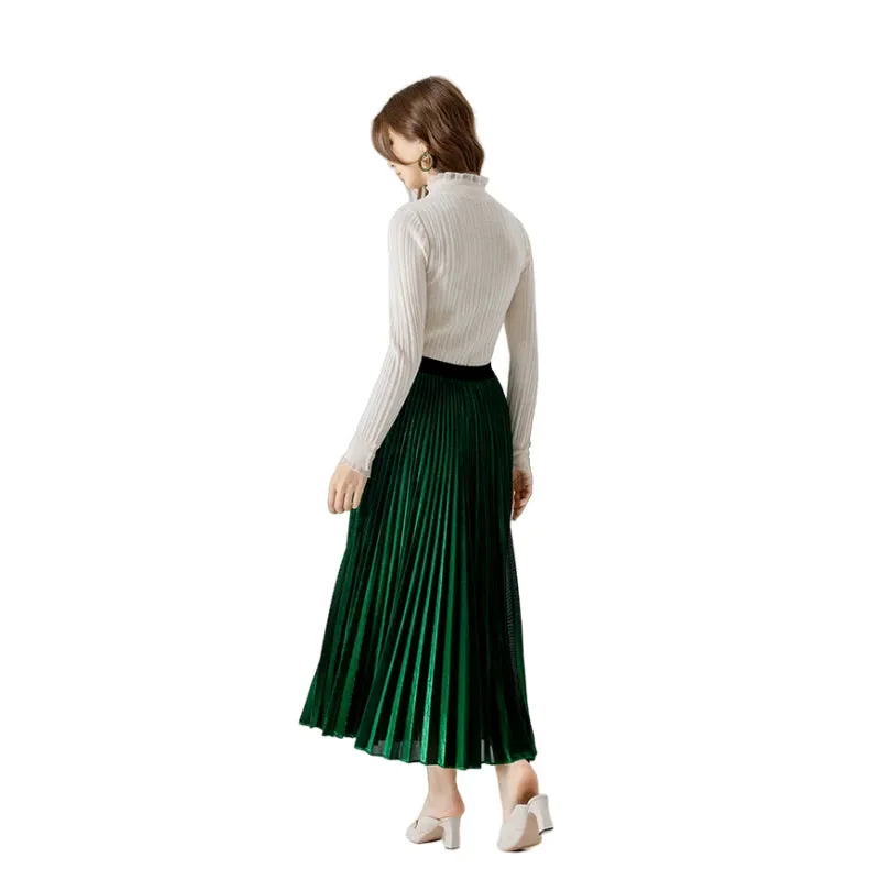 A121 Women metallic knit full circle sunburst pleated midi party skirt