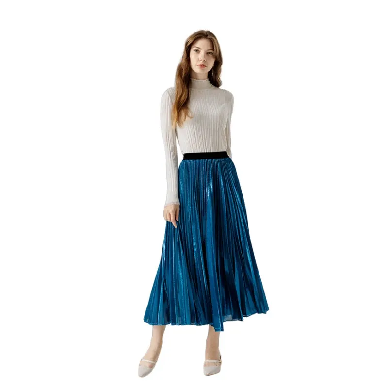 A121 Women metallic knit full circle sunburst pleated midi party skirt