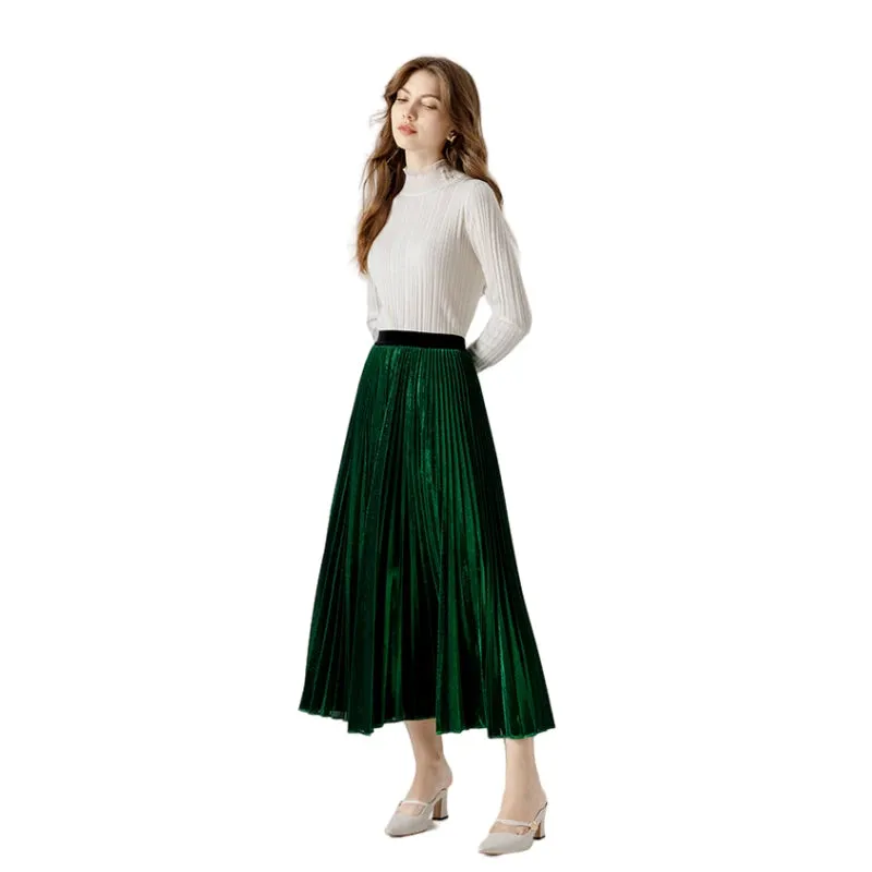 A121 Women metallic knit full circle sunburst pleated midi party skirt